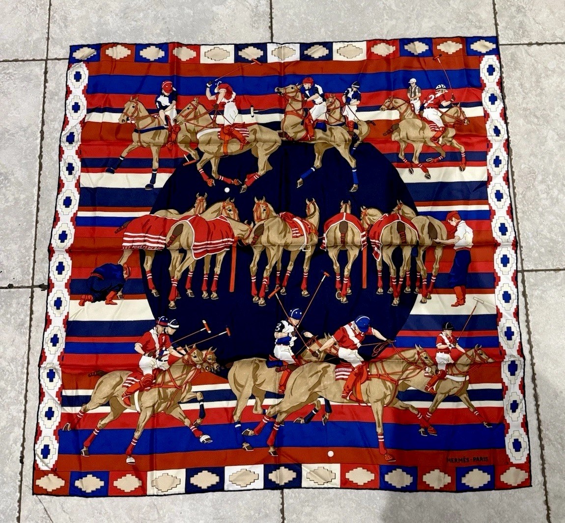Hermès Polo Scene Carré 90 Silk Scarf No Flaws Rare Item Vintage