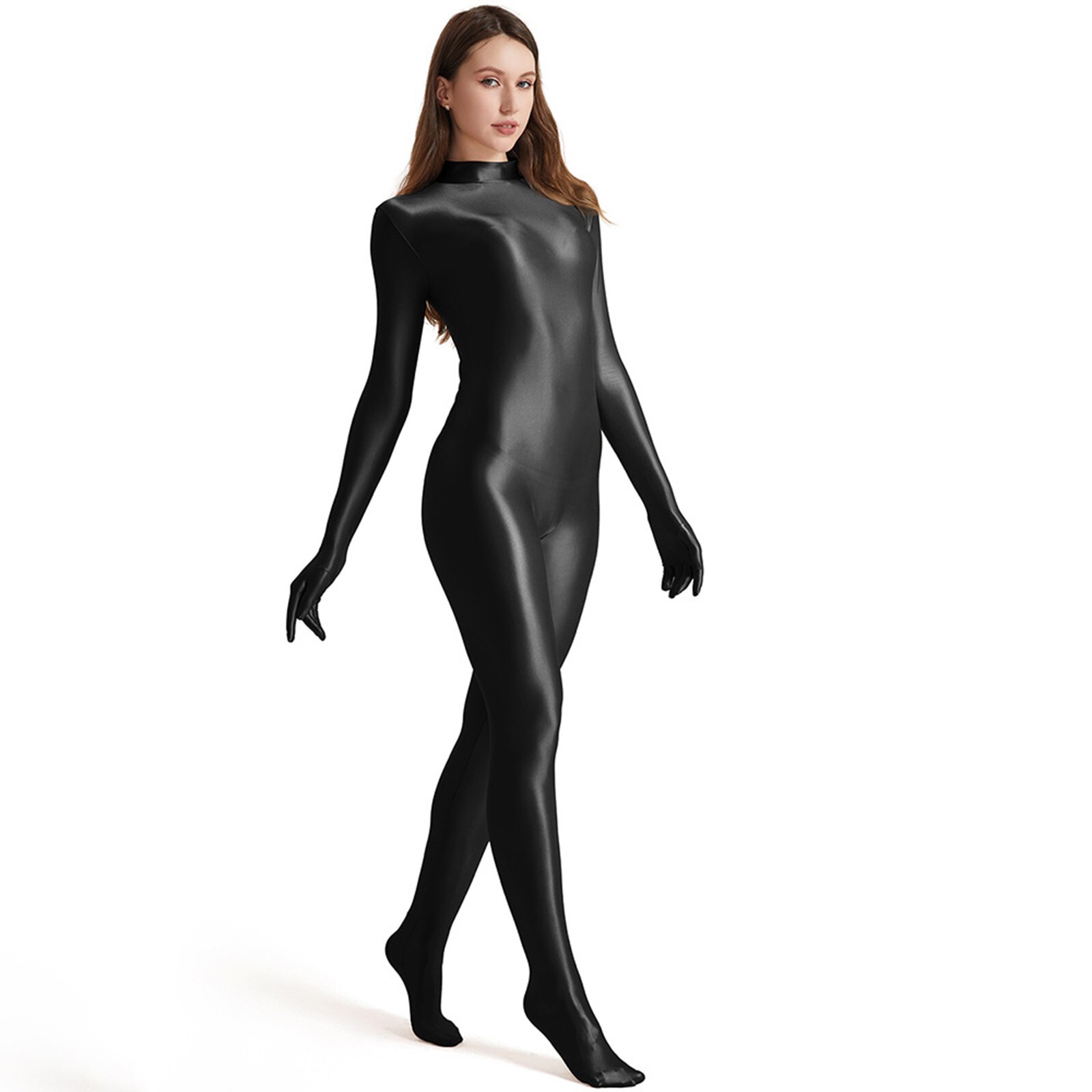 Glossy Spandex High-Neck Full-Body Bodysuit - Long-Sleeve Smooth Shapewear