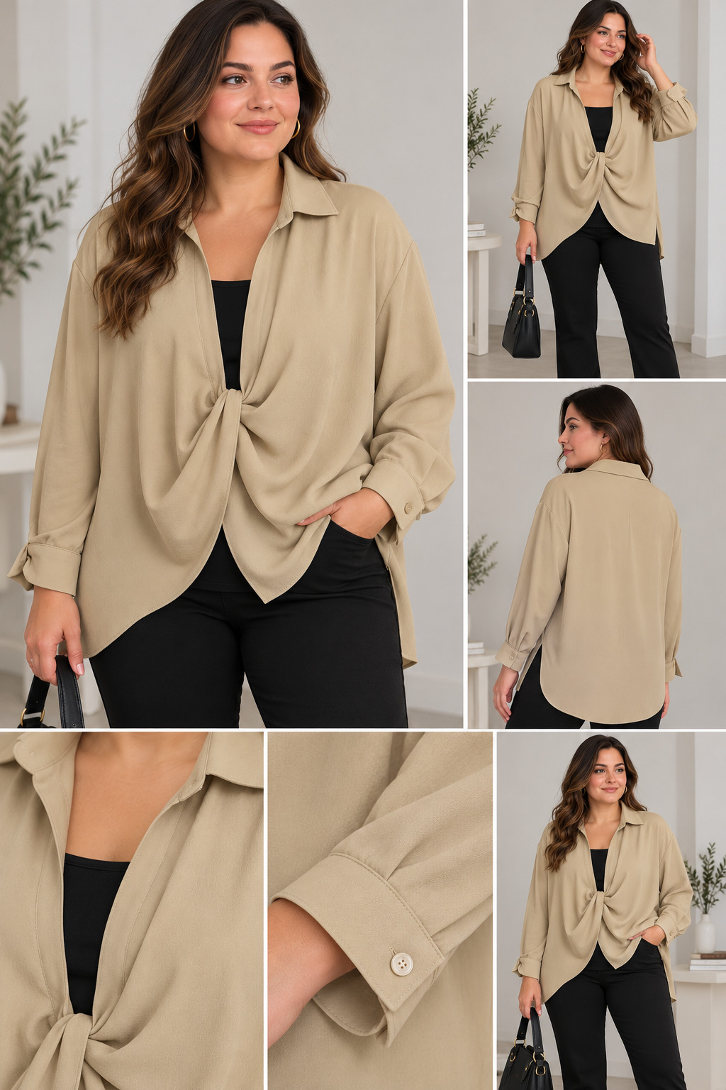 Beige Viscose Women\'s Blouse Size L – Elegant Draped Front, Long Sleeve, New