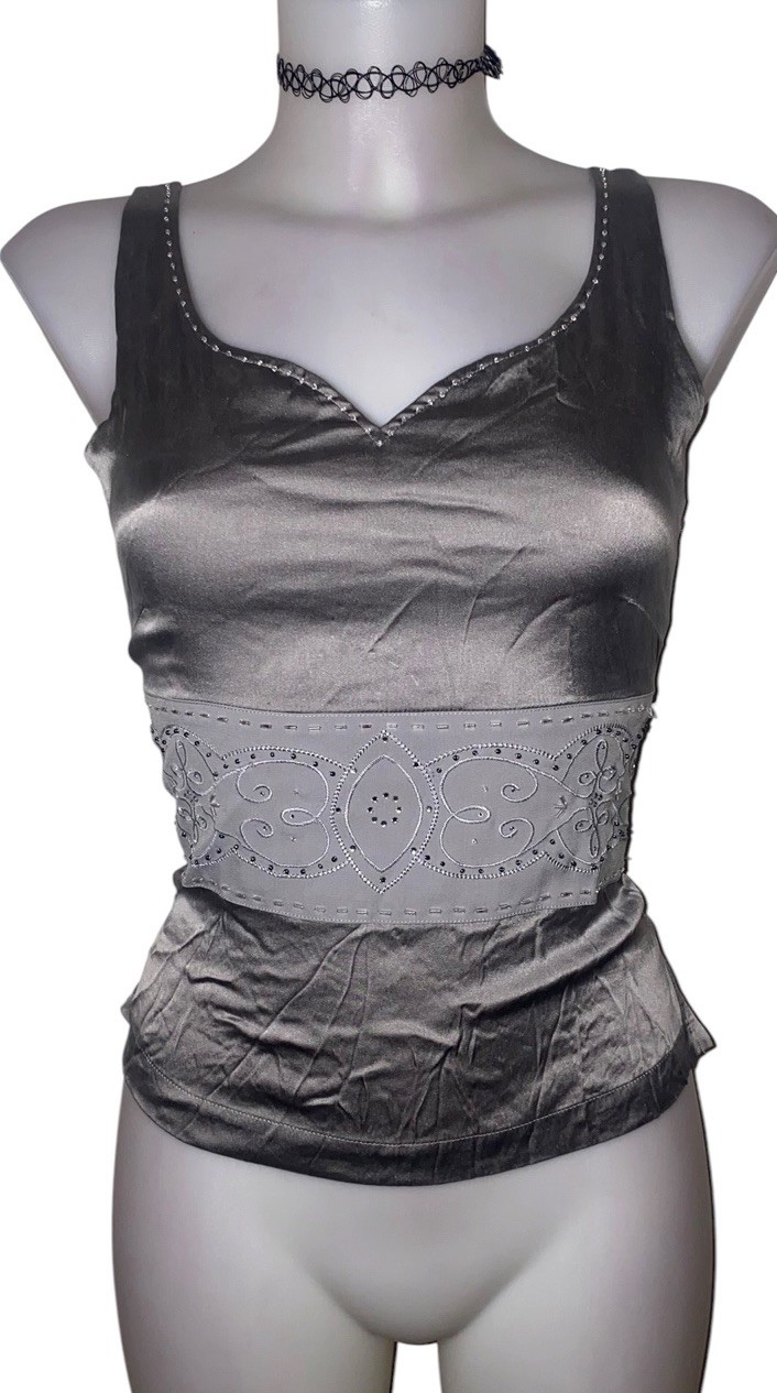Y2k 90s Womens Silver Silk Beaded Tank Top Sz S Whimsigoth Kawaii