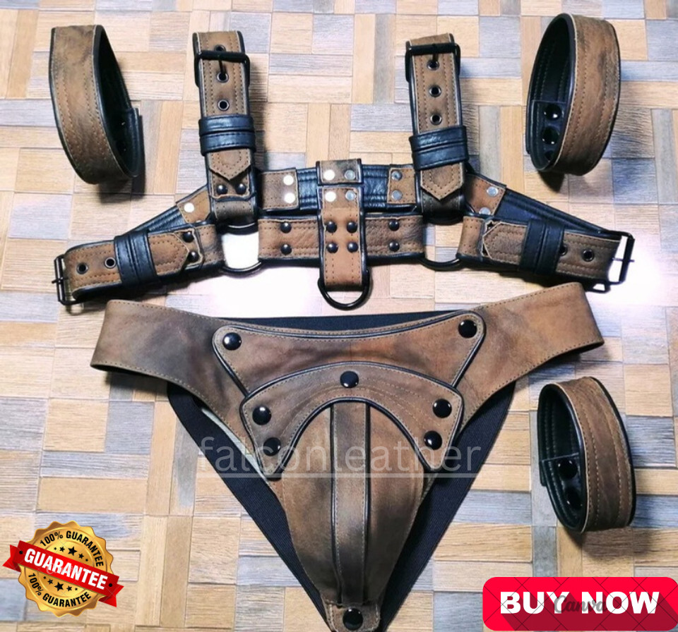 Mens Leather  H  Bulldog HARNESS brown and black adjustable straps,Jockstrap