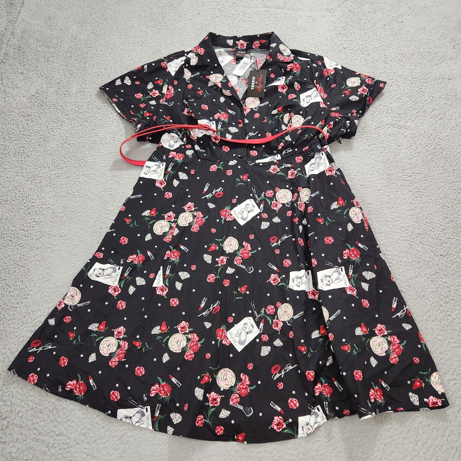 Torrid Marilyn Monroe Dress Womens 26 Black Midi Retro Button Front Swing Belted