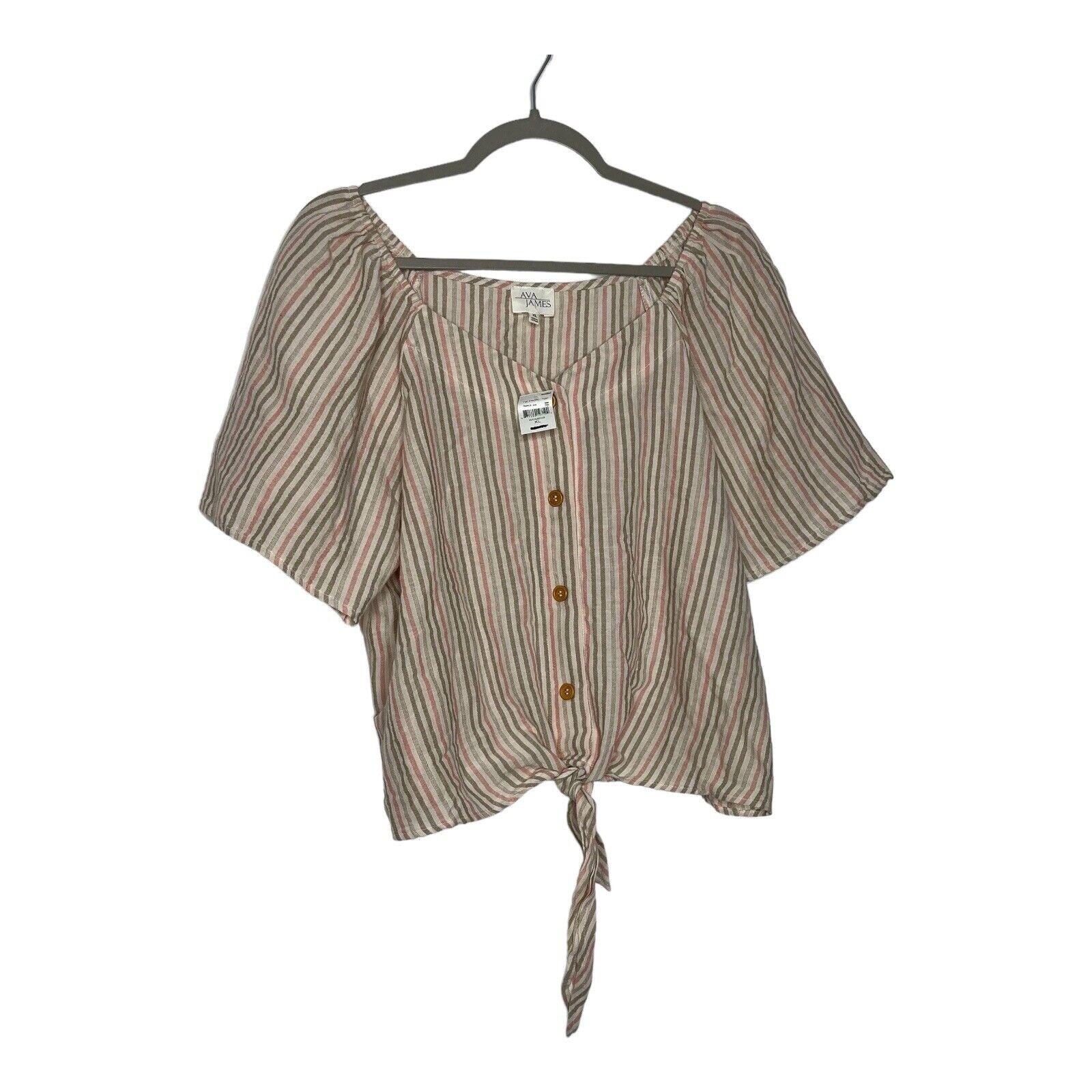 Ava James Women Top Size XL Linen Blend Vertical Striped Button Tie Short Sleeve