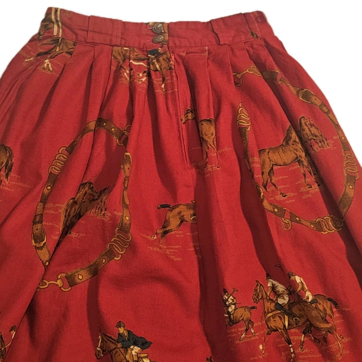 Vintage 80s 90s Ralph Lauren Western Pleated Skirt 100% Cotton Equestrian Scene