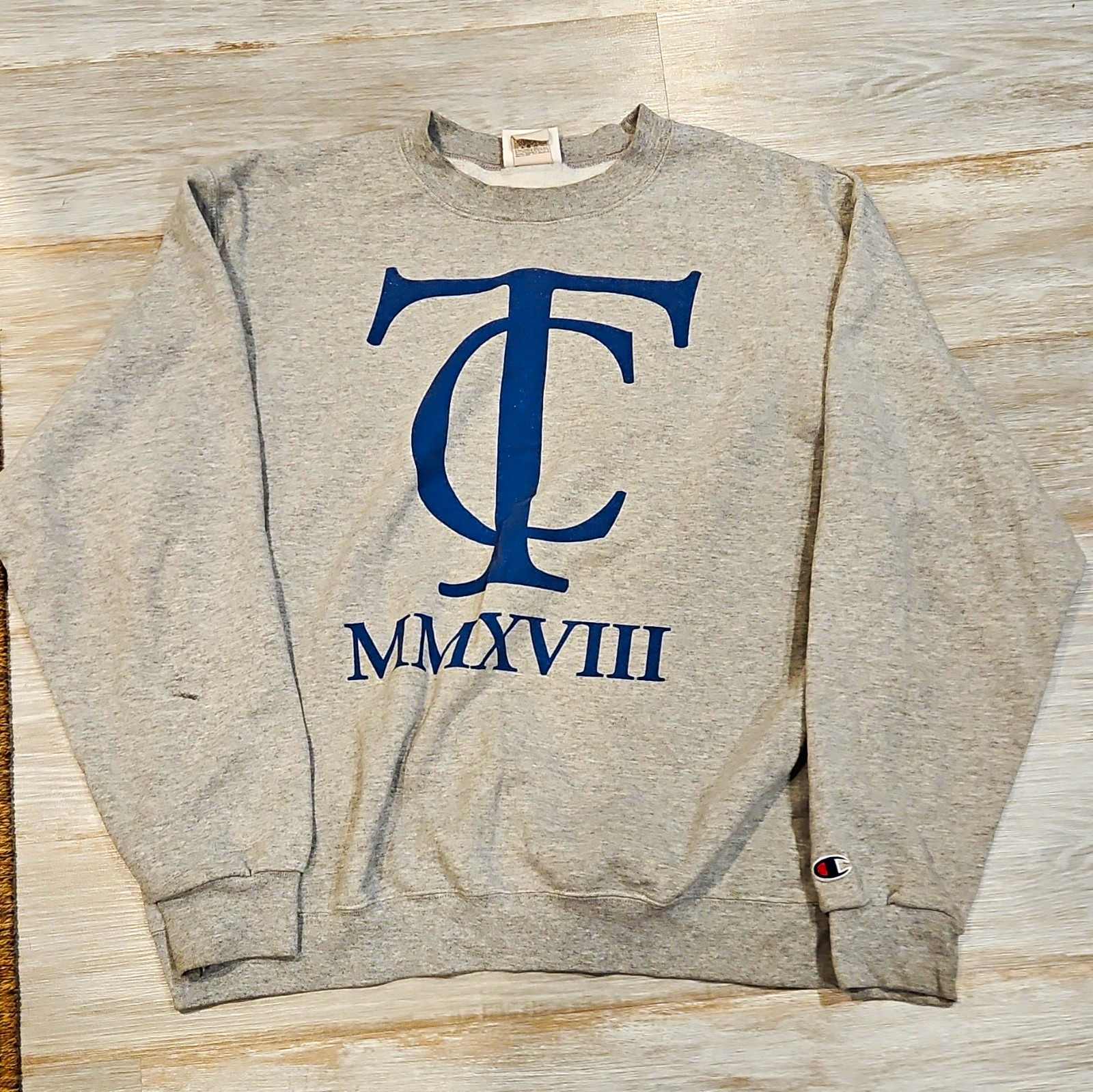 Champion Gray Logo Graphic Print Crewneck Pullover Fleece Sweatshirt Men L