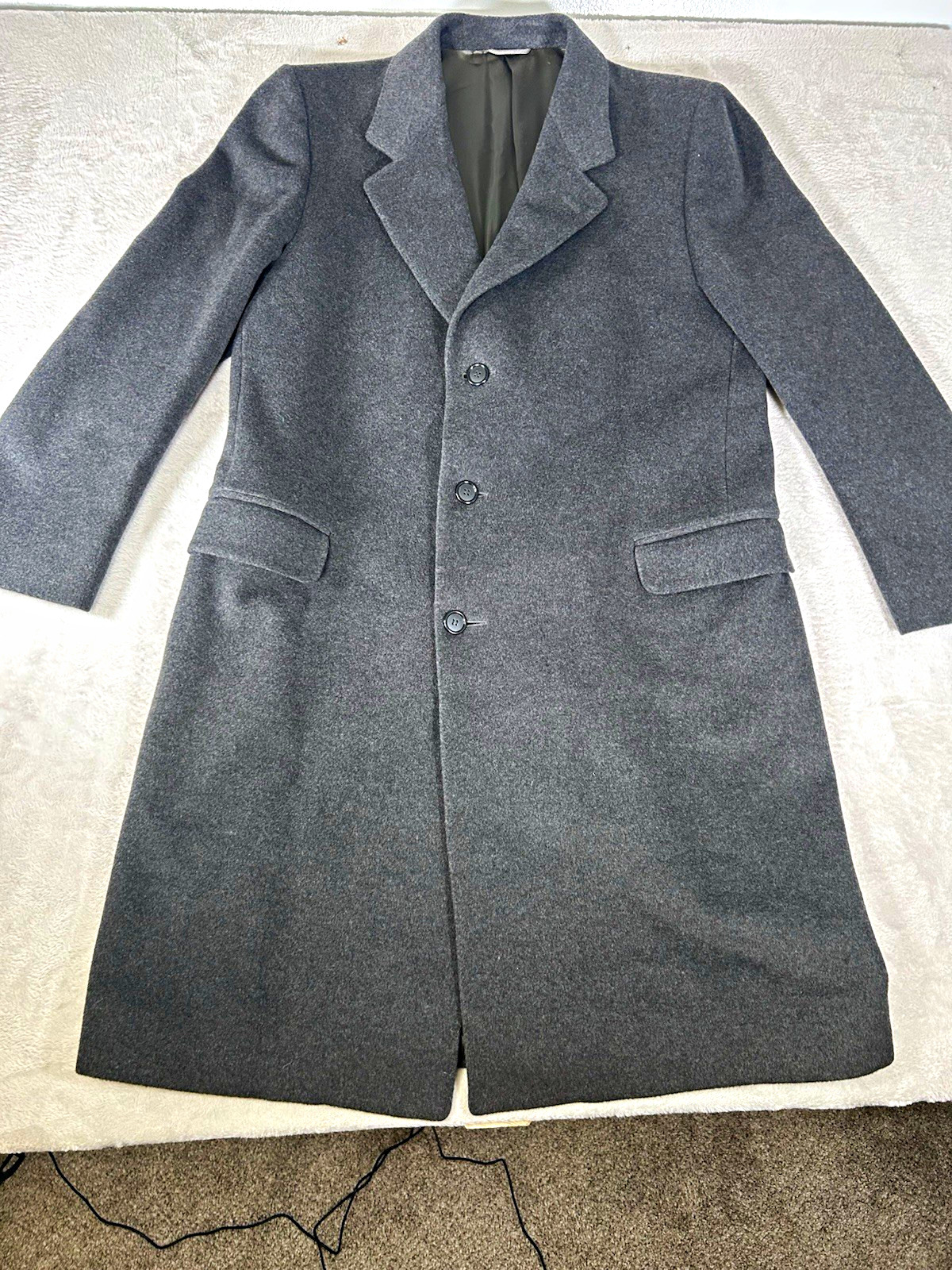 Vintage Duncan Craig Men’s 46 Gray Cashmere Wool Blend Long Lined Notch Overcoat