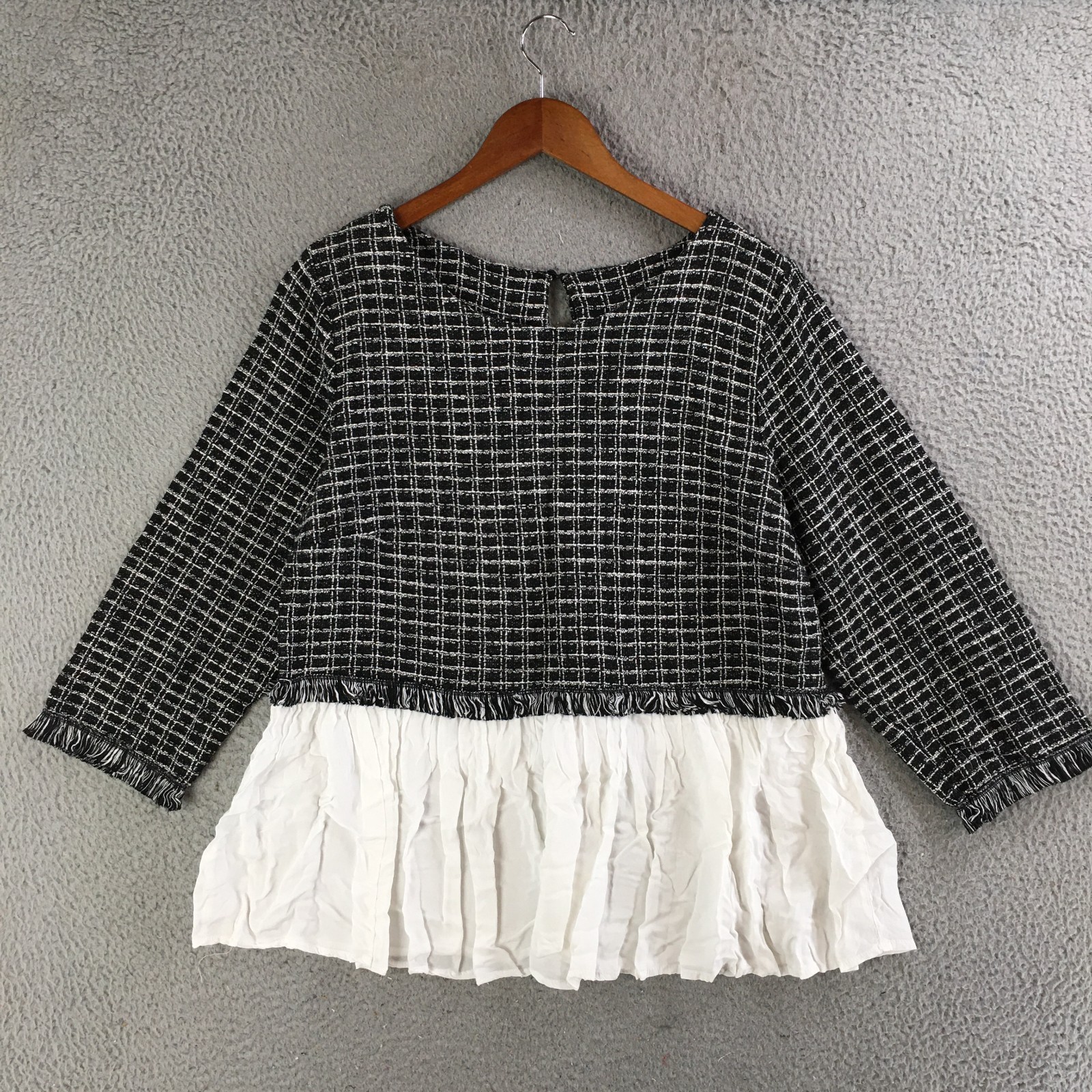 Maeve by Anthropologie Blouse Womens L Tweed Plaid Fringe Peplum Black White