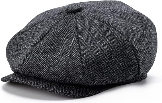 BOTVELA Men\'s 8 Panel Wool Blend Newsboy Flat Cap Herringbone 7 5/8, Black 