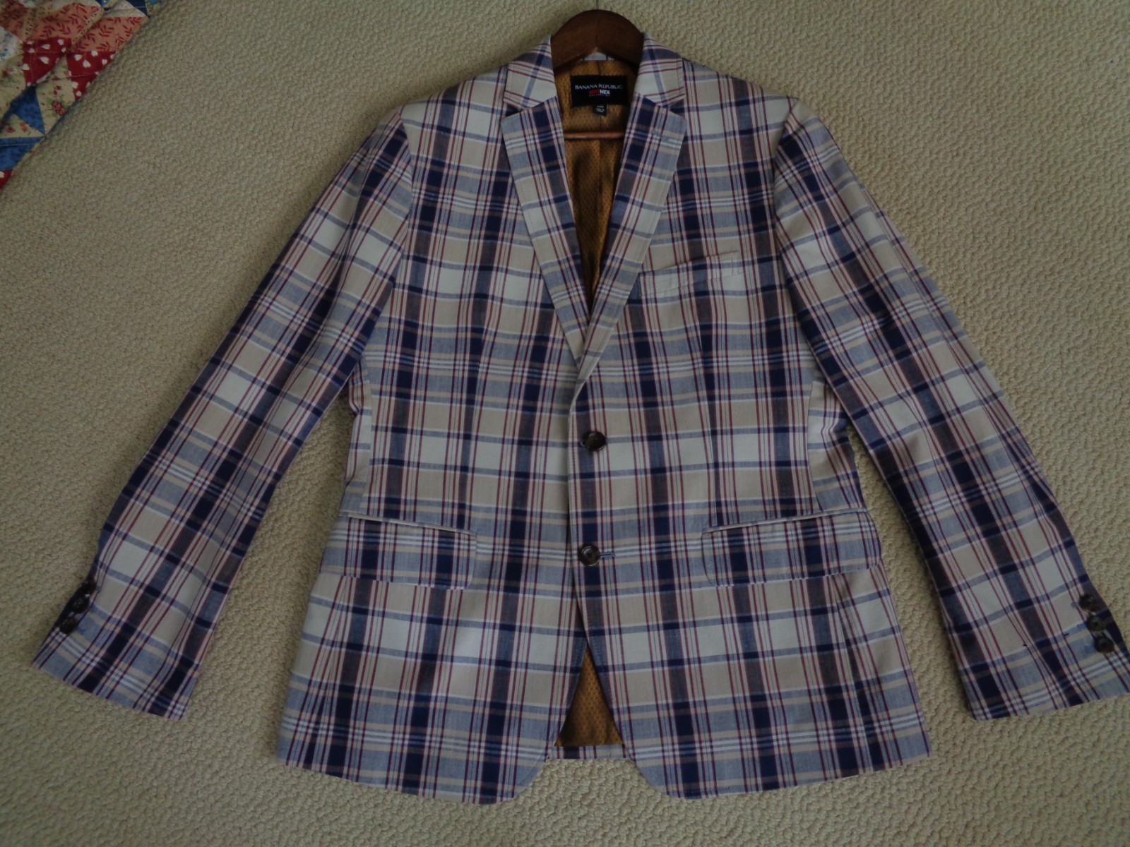 Banana Republic Mad Men Collection Suit Coat/Jacket Blues/Beige Multi Plaid 40S