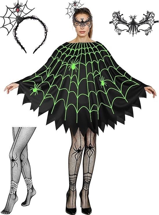 Wuclad 4 PCS Halloween Costumes for Women,Glow in Dark Spider Web Costume