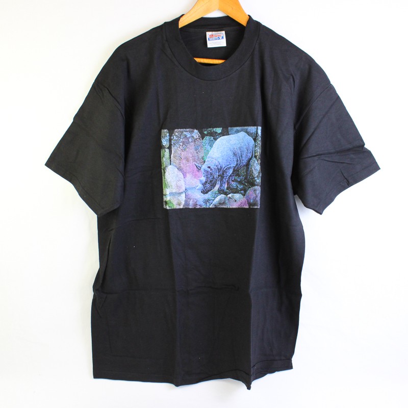 NWOT Vtg Hanes Beefy-T Adult XL Black Rhino Graphic Short Sleeve T-Shirt