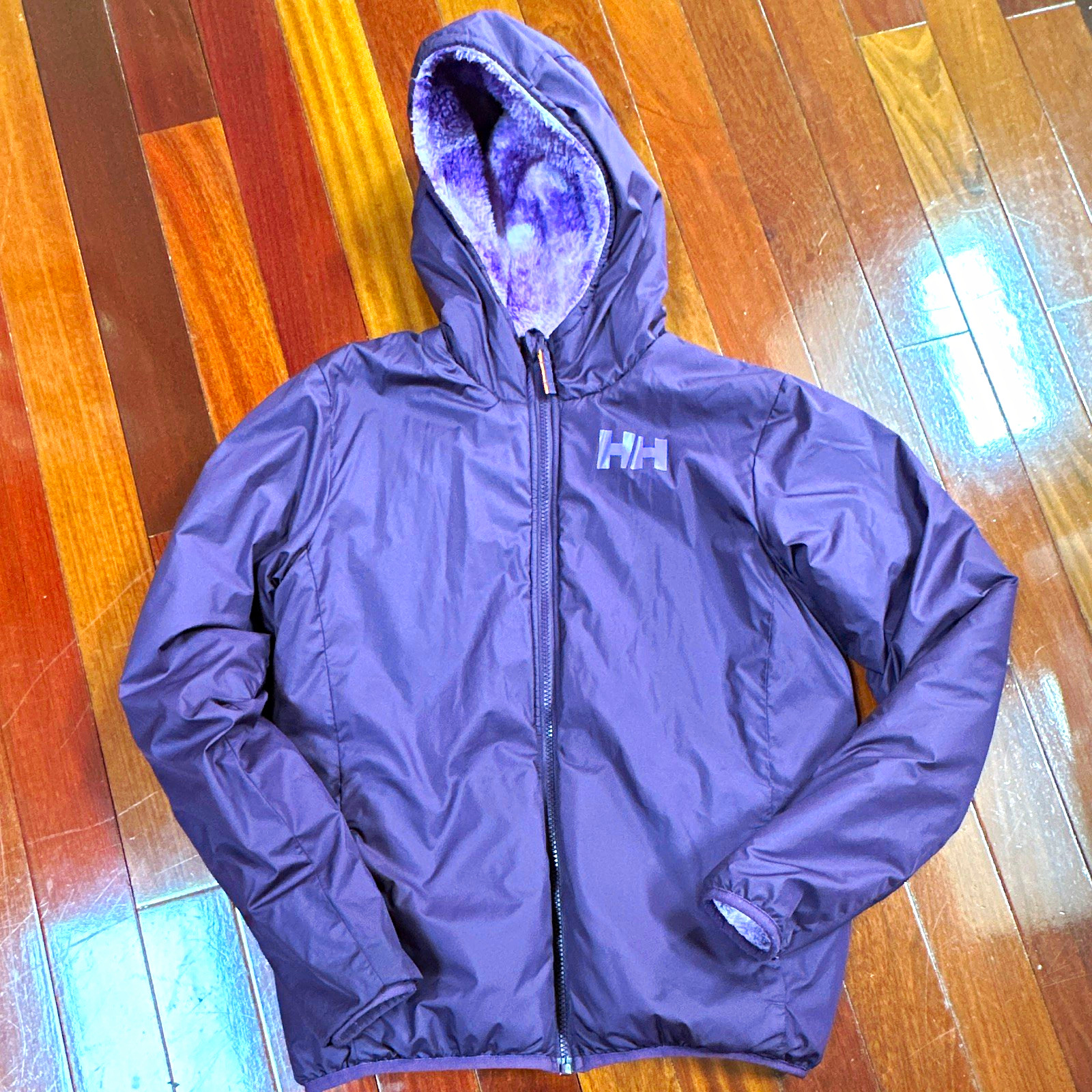 Helly Hansen HH Reversible Girl\'s Purple Hooded  Puffer Jacket Fleece 14