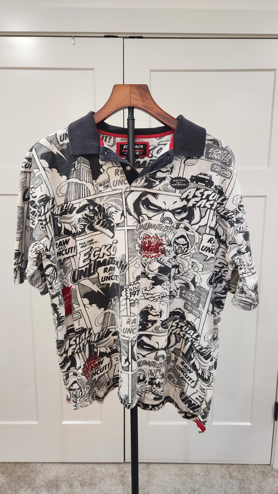 Vtg 2004 ECKO UNLTD The Art Of Progress Comic Print Polo Shirt White L Y2K AOP