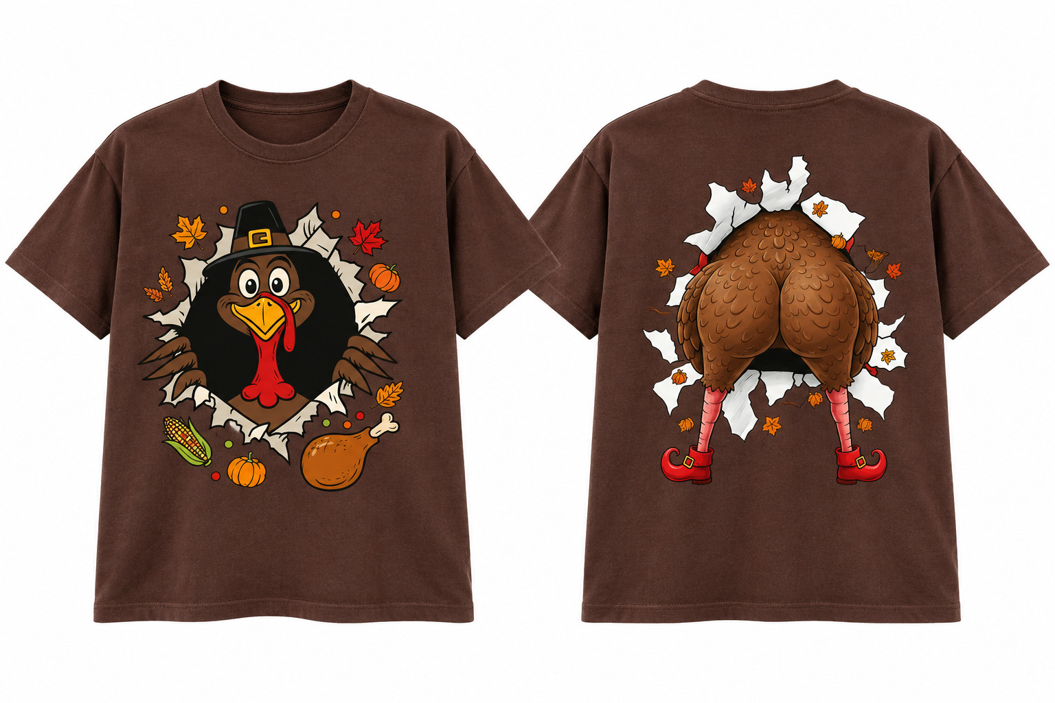 Funny Turkey T-Shirt 2 Sided Thanksgiving Pilgrim Turkey Butt Graphic Tee