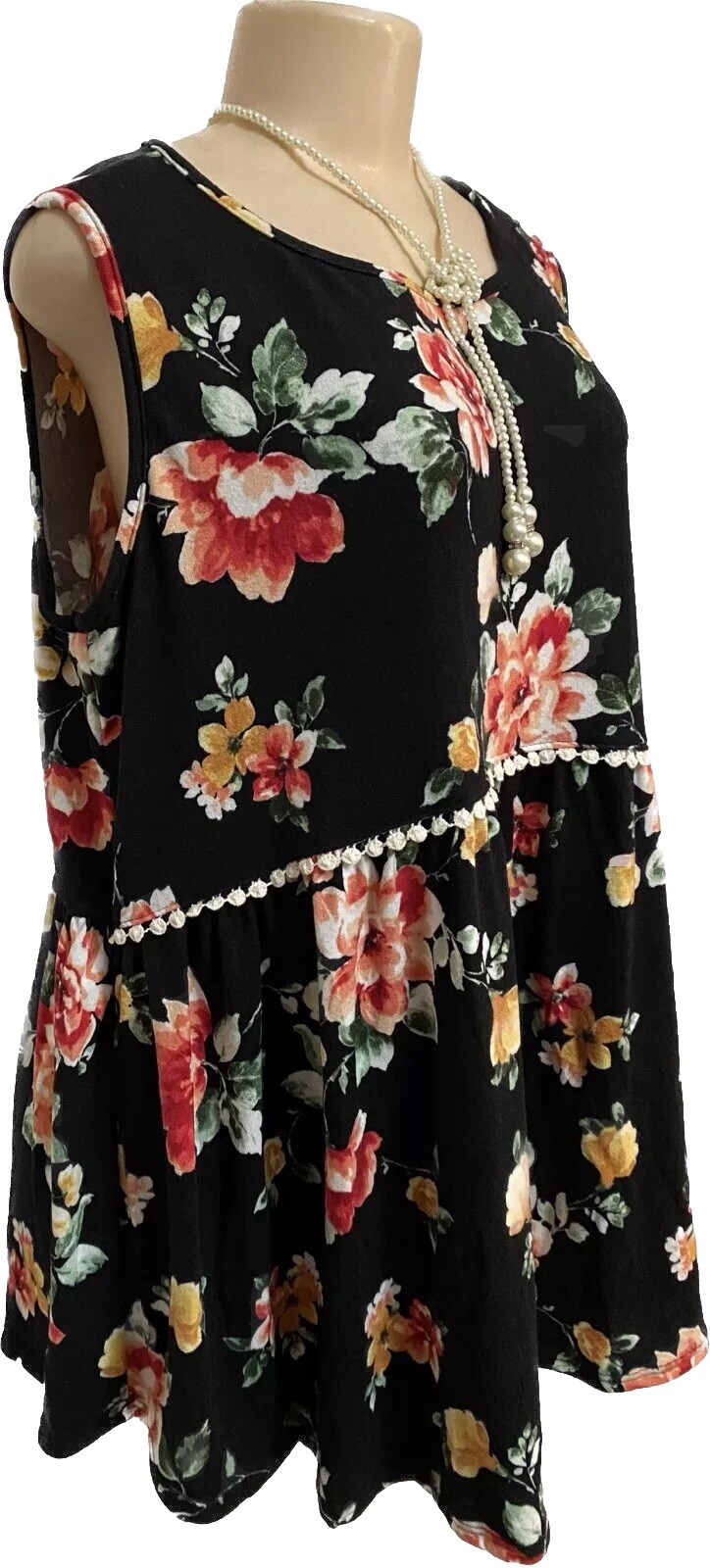NWT womens top plus size 1x Black floral shirt party tunic babydoll blouse NEW