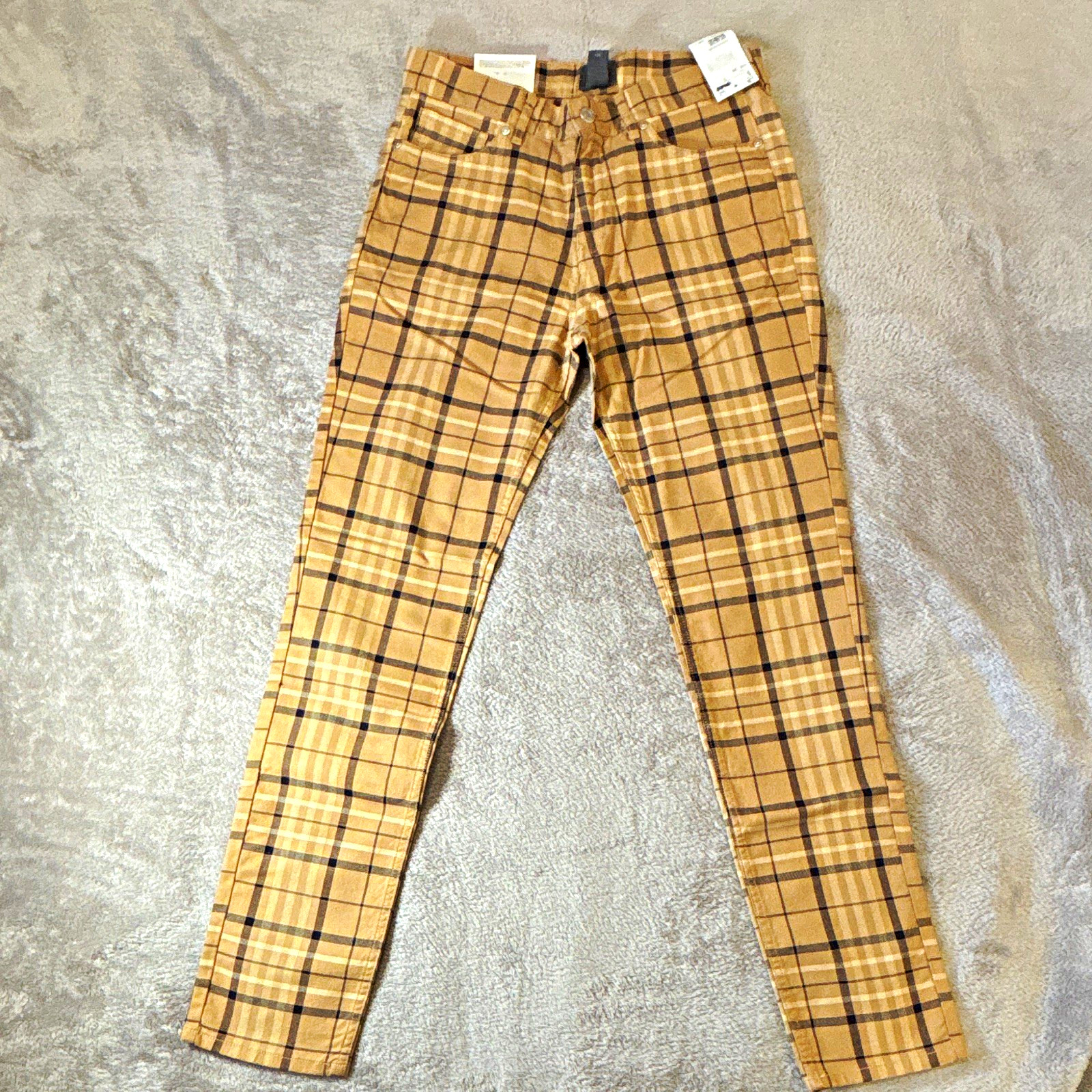 NWT H&M Mens Skinny Fit Plaid Pants Size US 29 Tan Brown Checked Chino Trousers