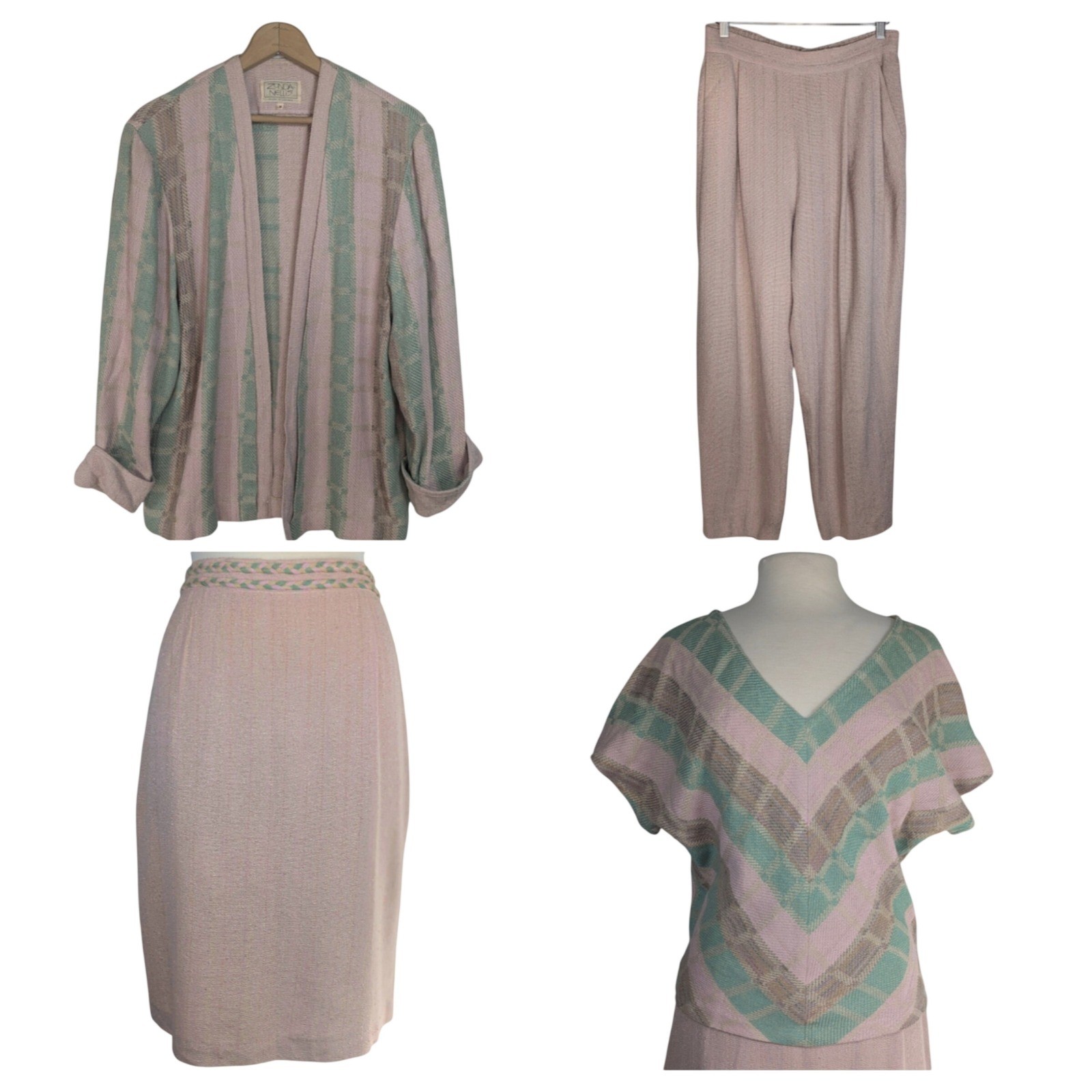 Zonda Nellis Vintage 4 Piece Set Jacket Skirt Pants Top Woven Rayon Cotton M/L