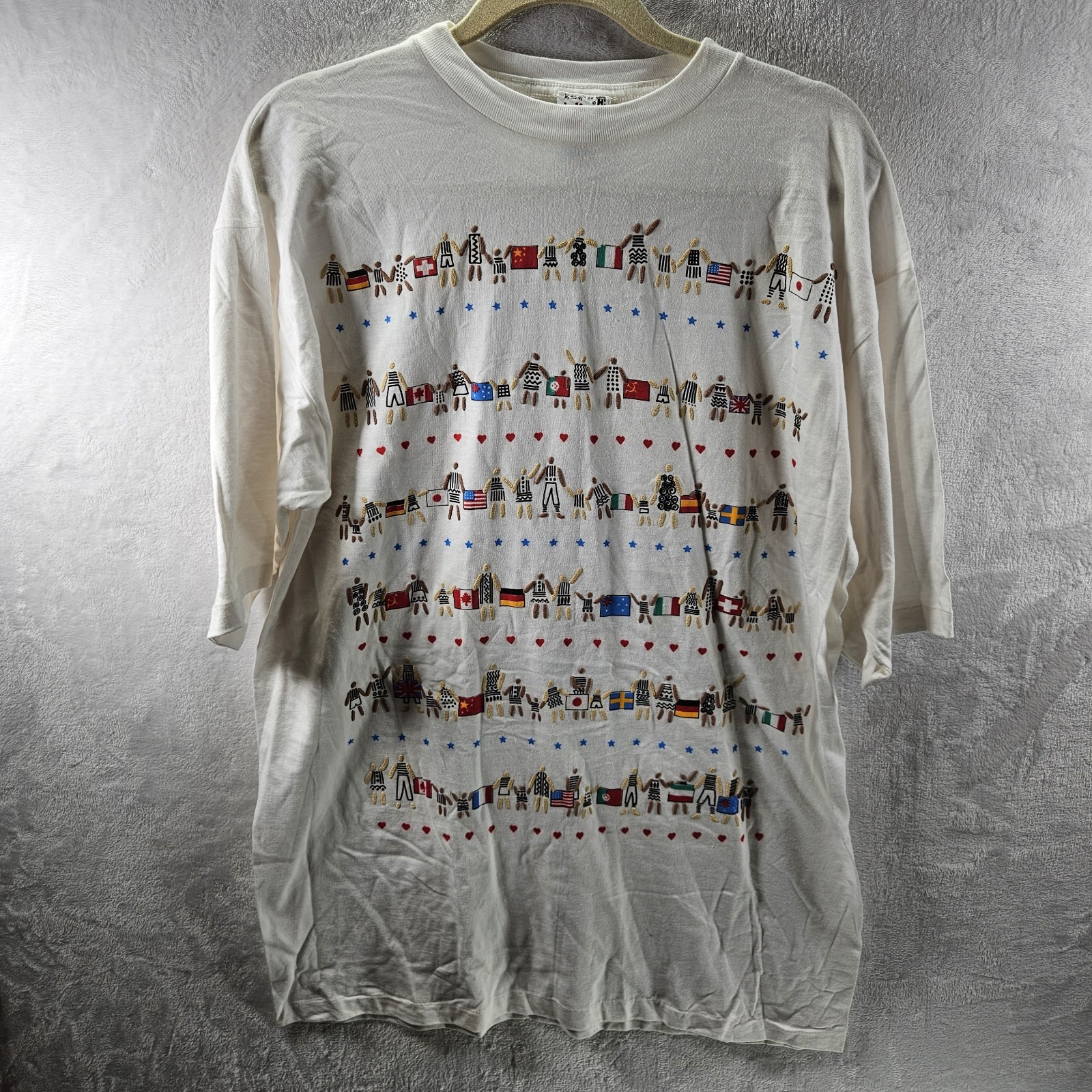 Vintage EZL T-shirt Mens Fits As Medium White World Flags Single Stitch 90s USA