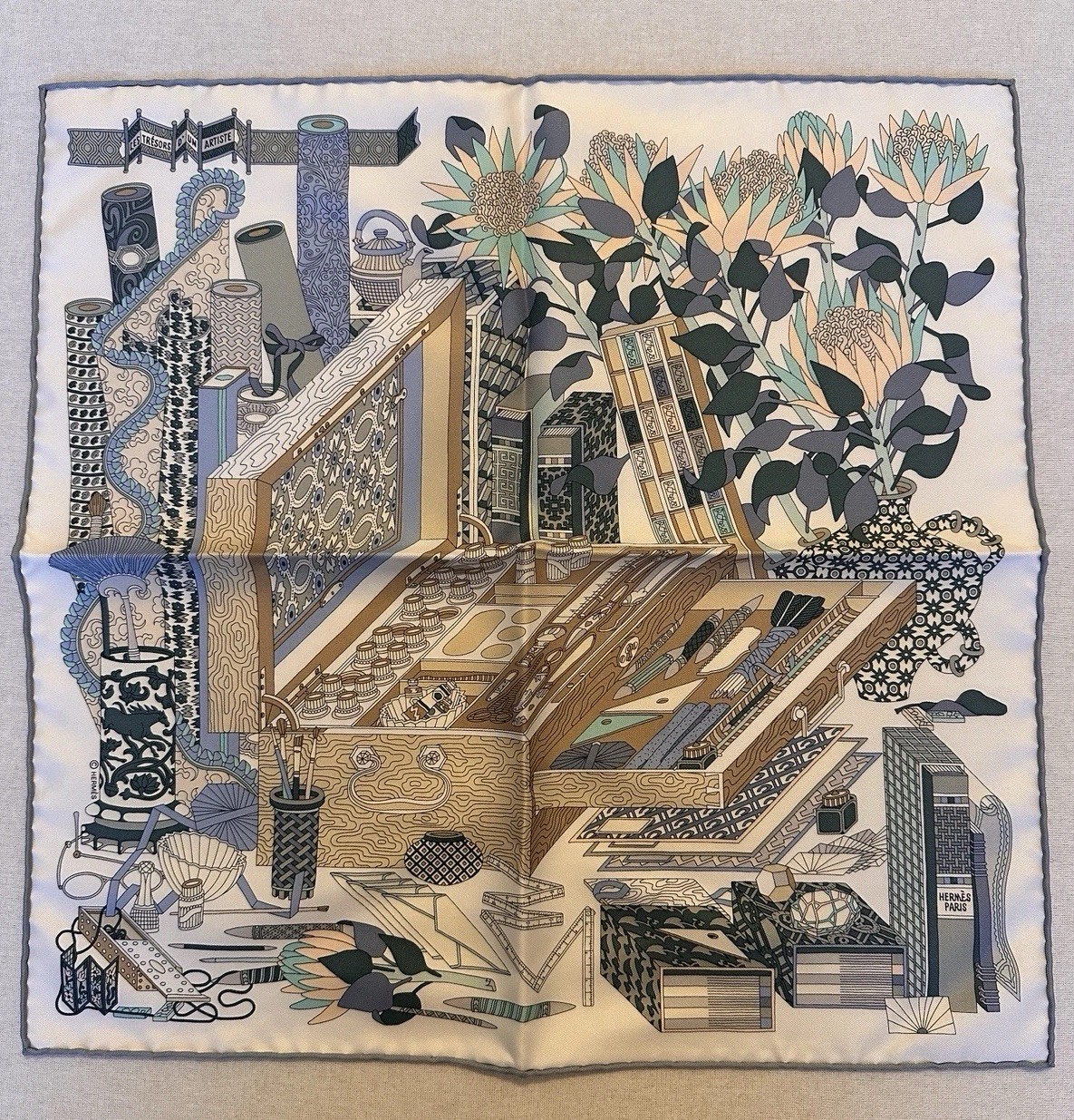HERMÈS Multicolor Floral Art & Nature Silk Satin Square Scarf w/ Logo