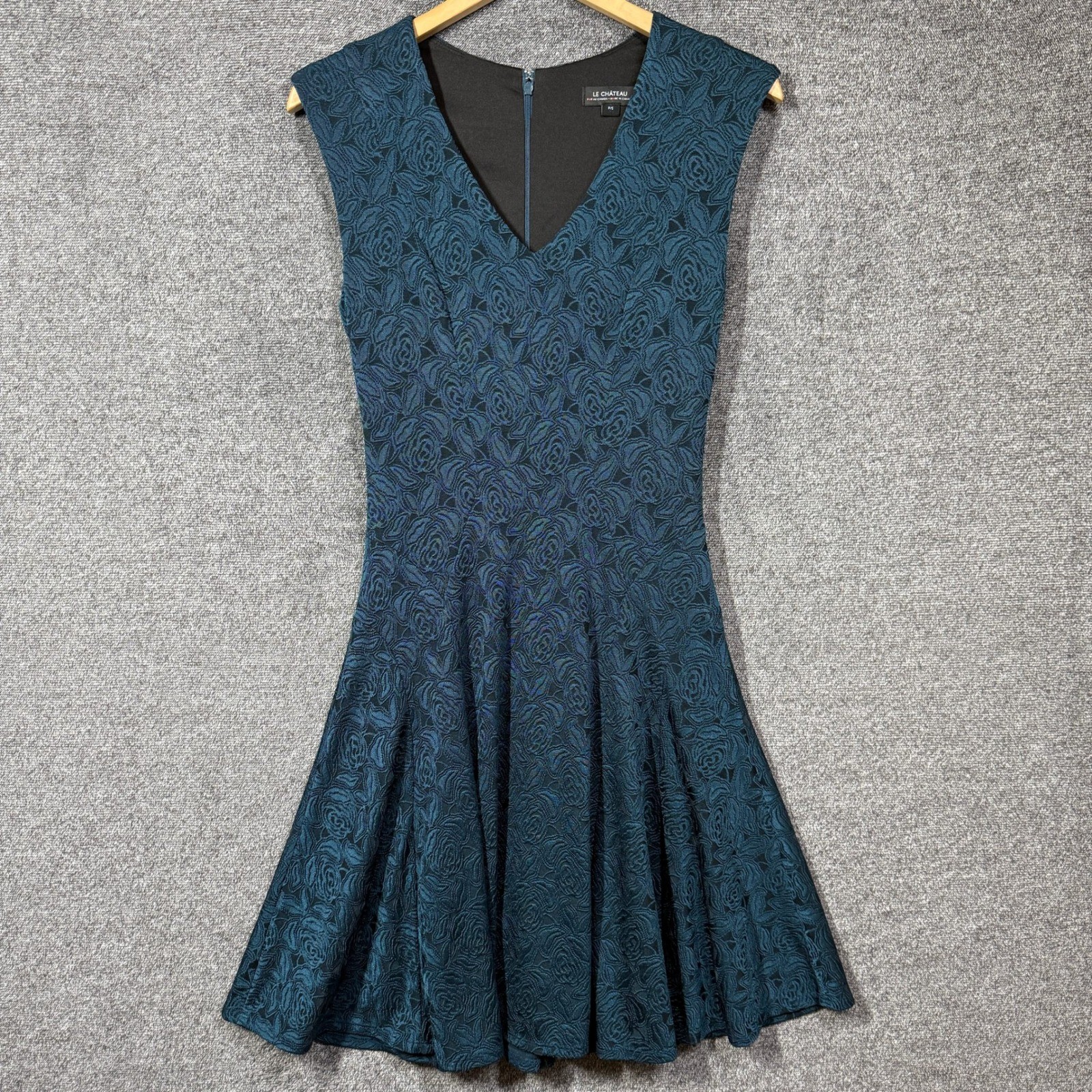 Le Chateau Teal Blue Floral Jacquard Fit and Flare Cocktail Dress P/S