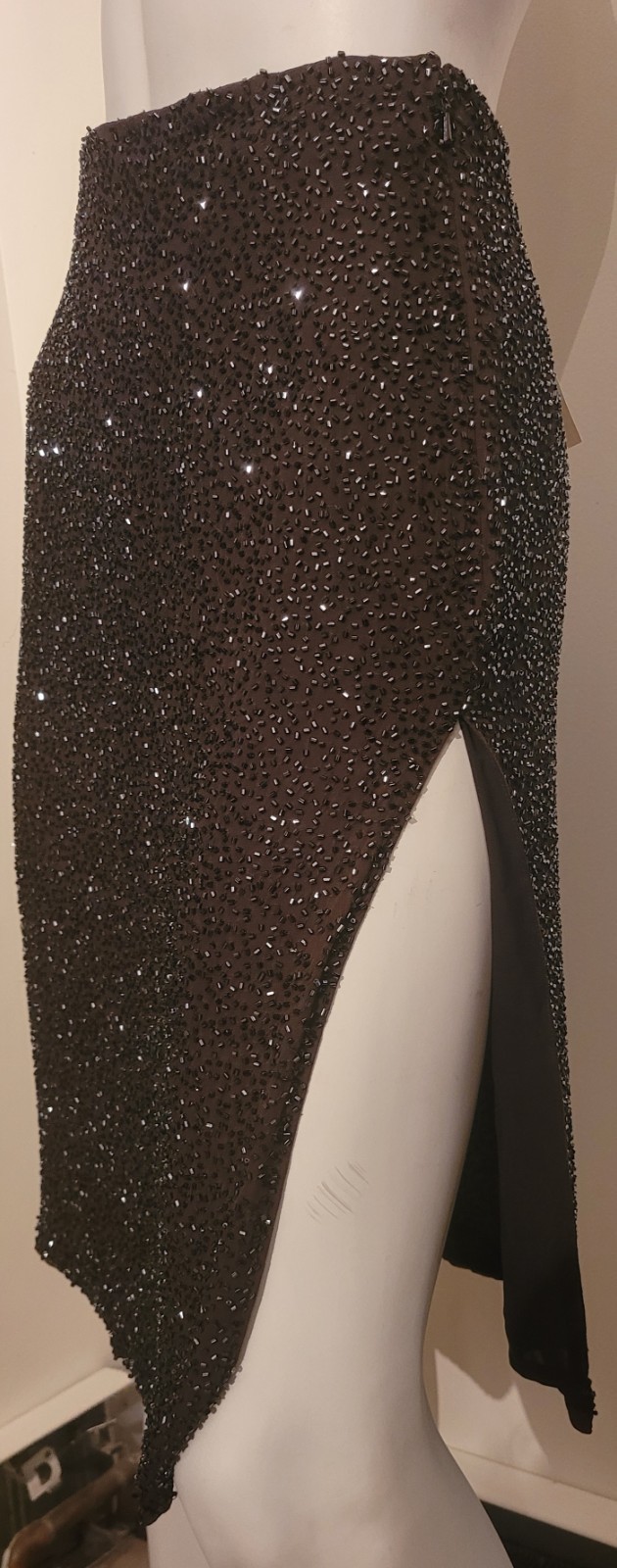 Vintage Bieff Basix Black skirt, Fully Beaded, High Slit, Size 6, 100% Silk, New