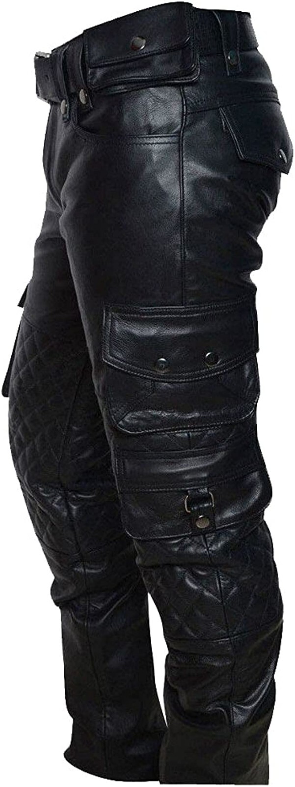 Men\'s Real Leather Bikers Cowhide Schwarz Jeans Trouser Padded Cargo Pocket Pant