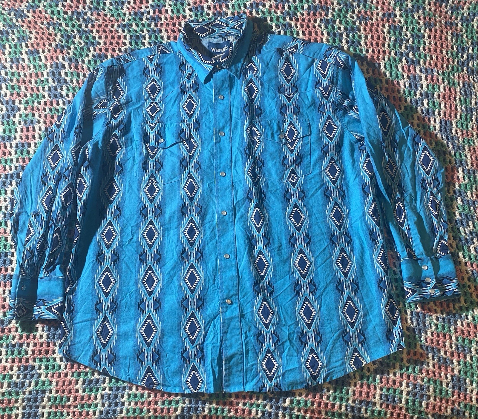 Vintage Wrangler Western Checotah Pearl Snap Aztec Button Up Shirt Size 2XL Teal