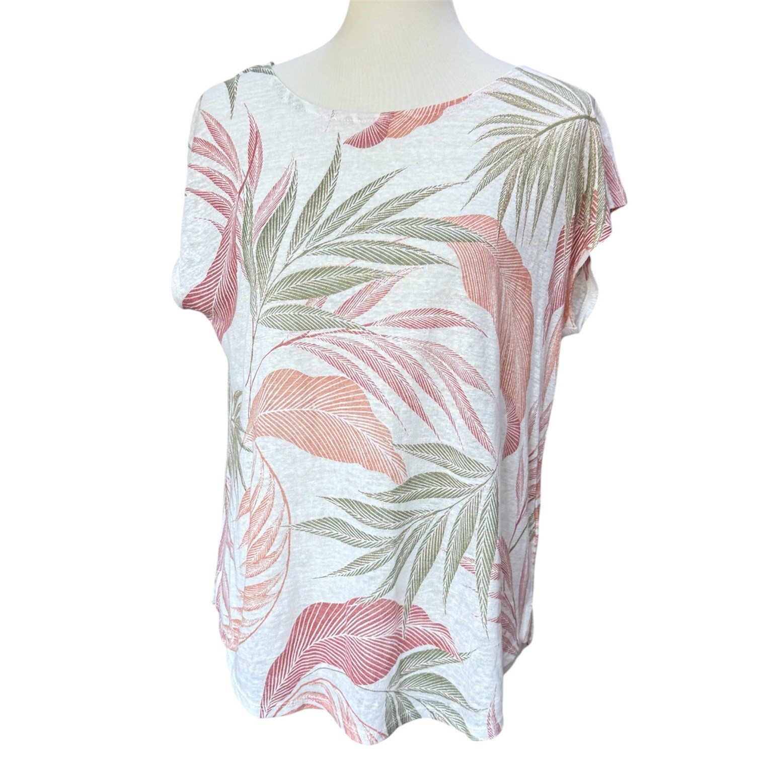 Tahari 100% Linen Top Womens L Tropical Palm Leaf Print Cap Sleeve Blouse