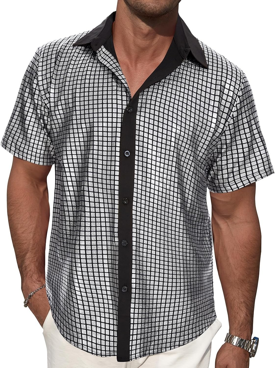 Men`s Silver Disco Dude Shirt Adult 1970s Dance Costume Retro Outfit S - 3XL