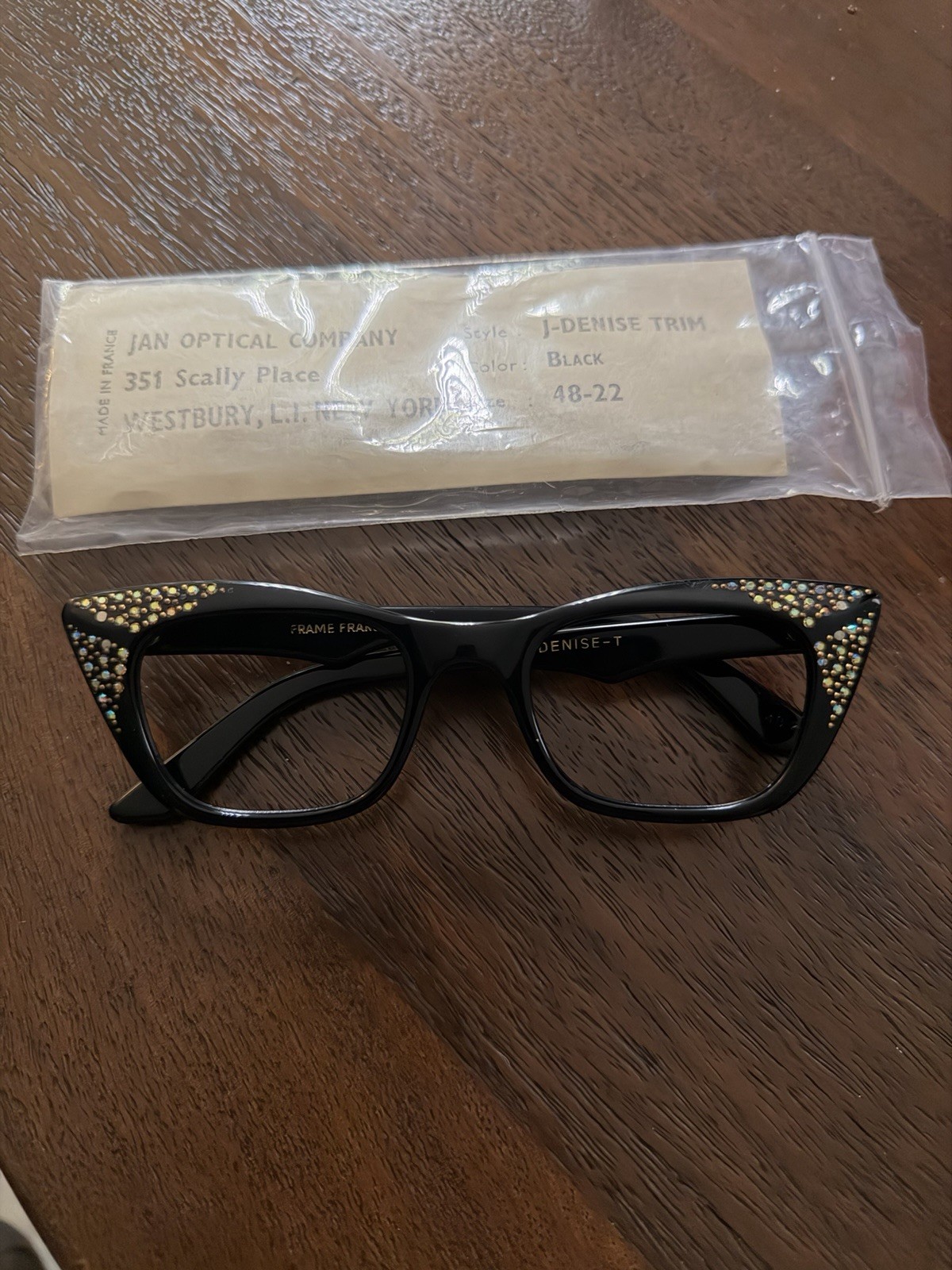 Vintage 1950s French Rhinestone Cat Eye Eyeglasses NOS J-Denise Black 48-22