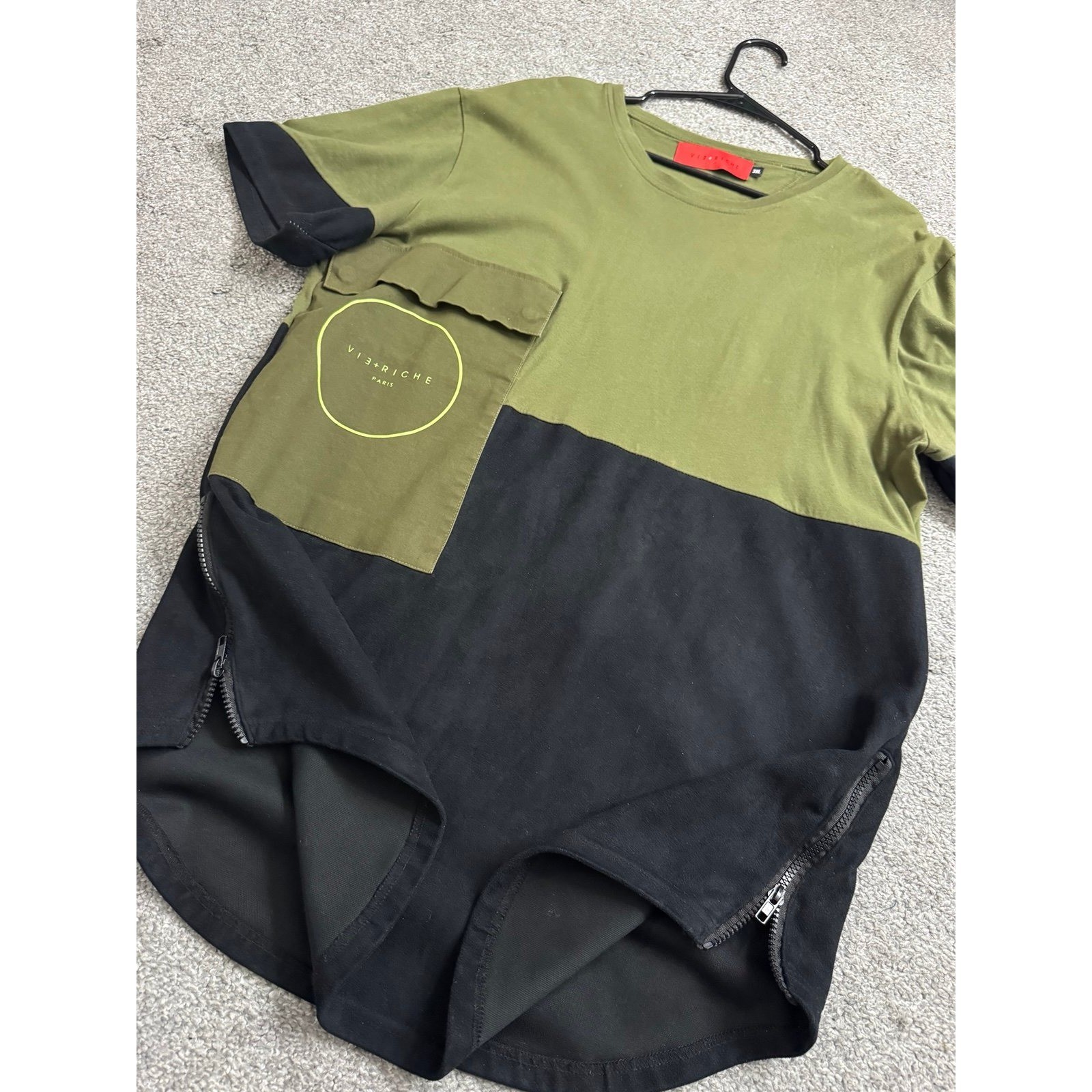 Vie + Riche Paris Mens 3XL T-Shirt Olive Black Colorblock Suede Bottom Zippers
