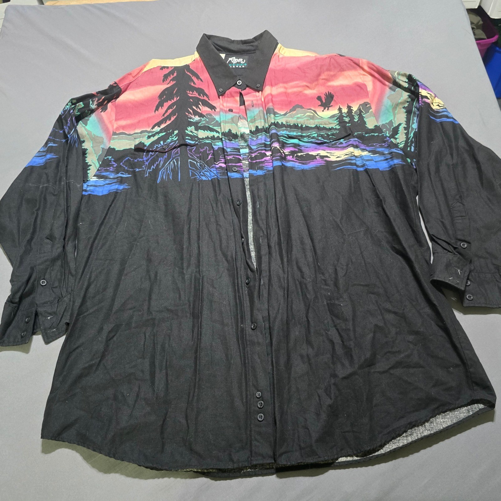 Roper Western Shirt Mens 4XT Black Landscape Sunset Eagle Border USA vintage