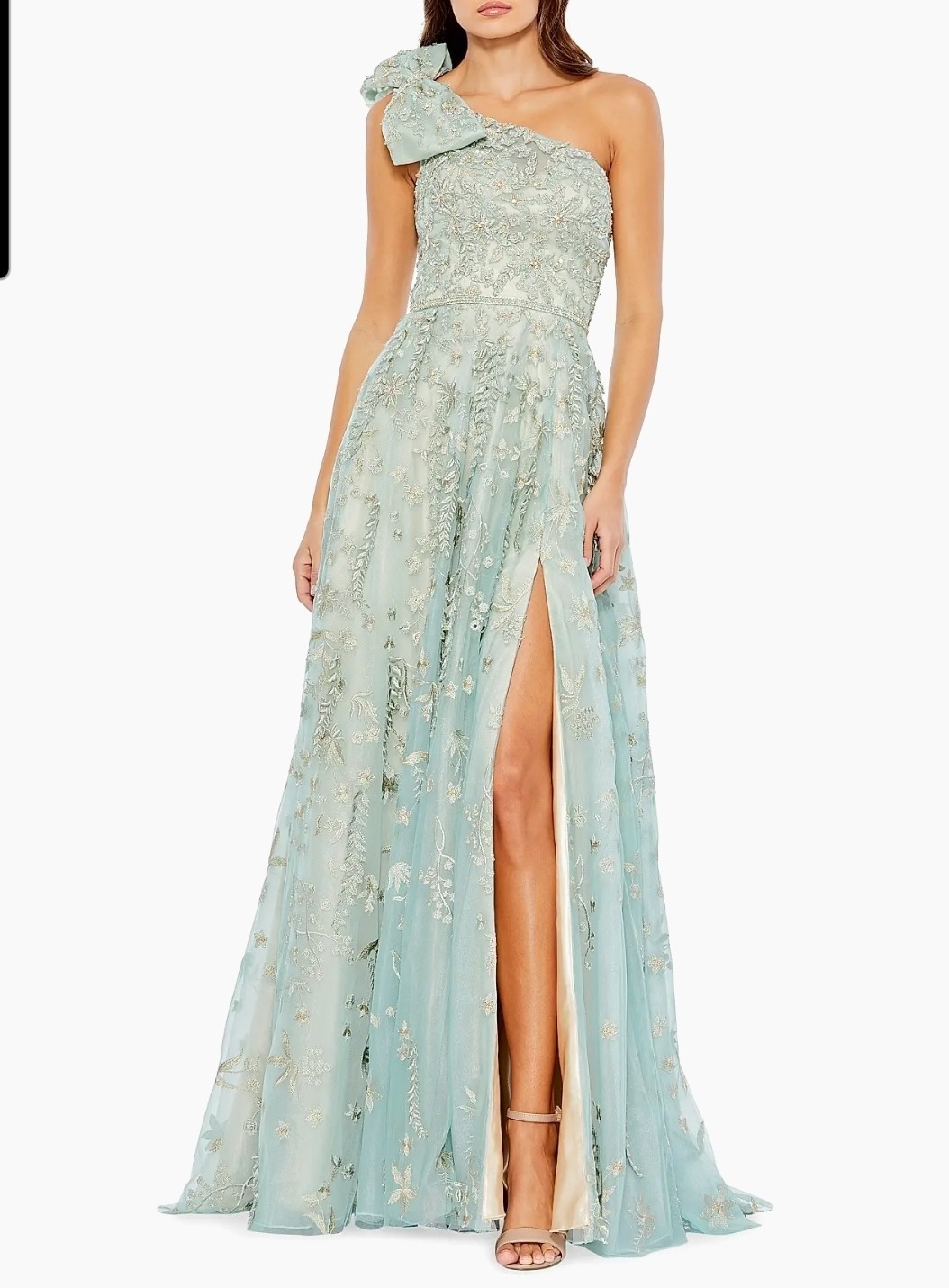 NWT Mac Duggal Sage Green Embellished, One-Shoulder  Dress Gown, Size 4