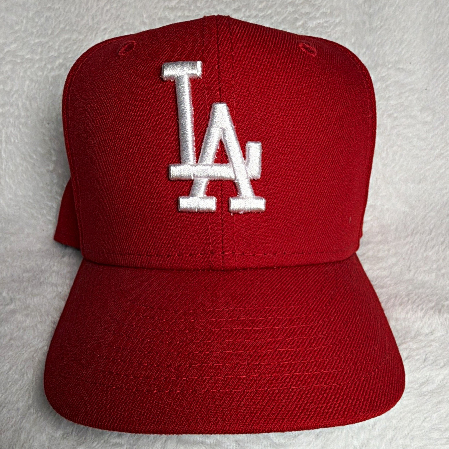 New Era 59FIFTY LA 7 3/8 Fitted Baseball Cap Hat Red/White Logo