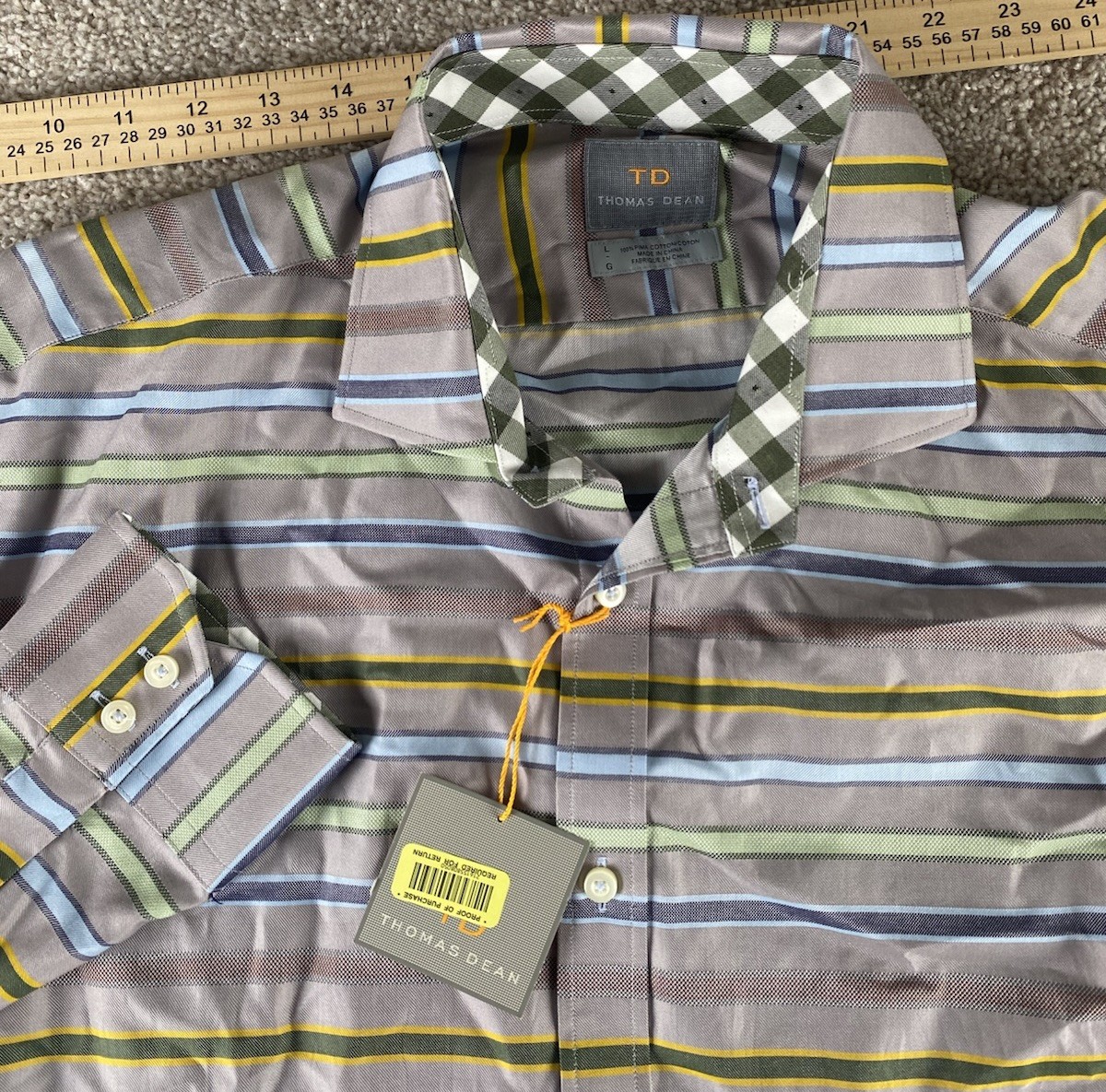 Thomas Dean Metallic Like Striped Pima Cotton Shirt Mens L Preppy Unique Retro
