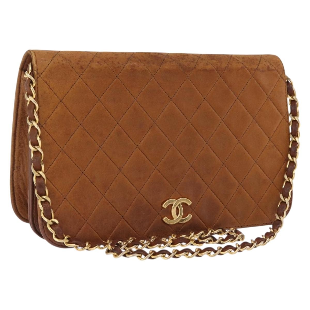 CHANEL Matelasse Chain Shoulder Bag Lamb Skin Brown Gold CC Auth 207806