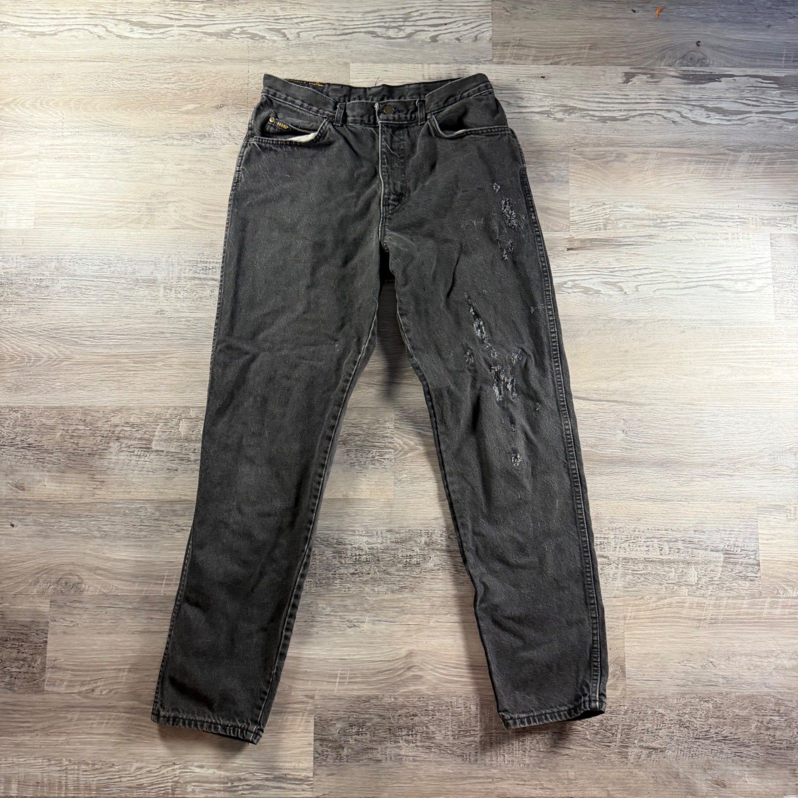 Vintage H.I.S. Mens Black Distressed Faded Denim Jeans Made in USA 34x34