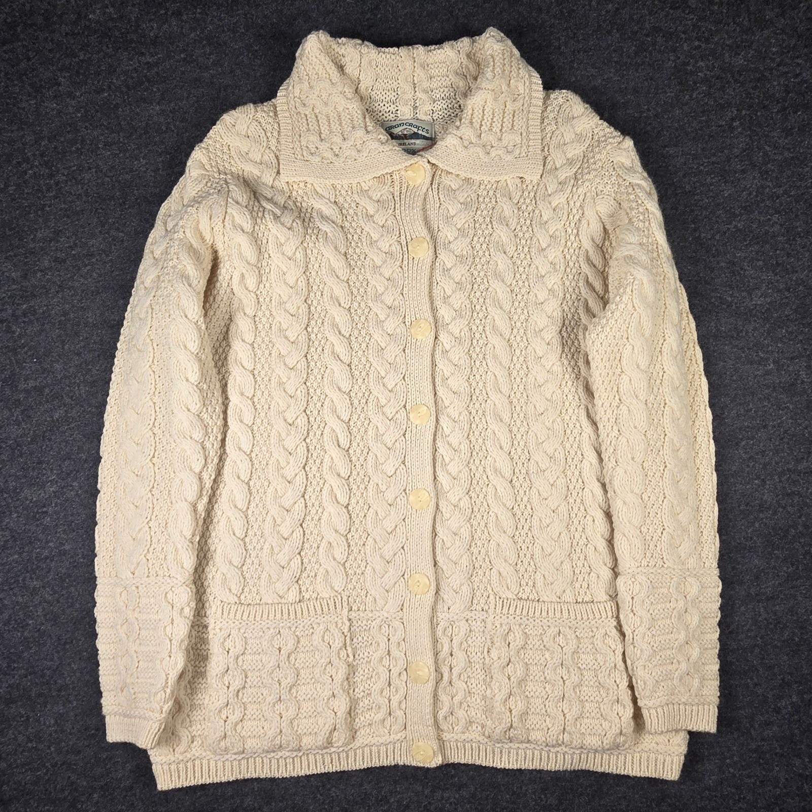 Aran Crafts Women\'s Cream Cable Knit Irish Wool Cardigan Sweater Size L