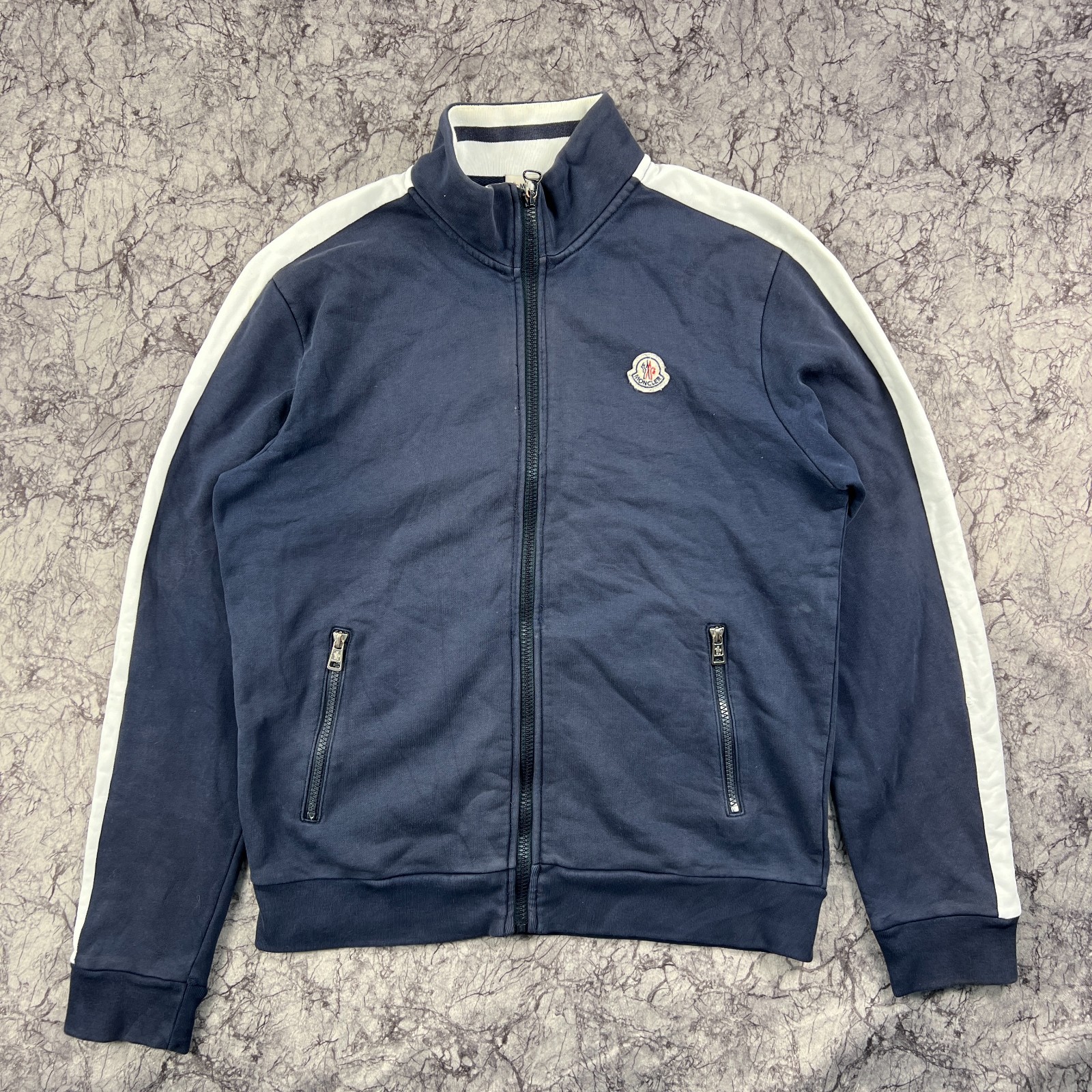 Moncler Full Zip Track Jacket Sweatshirt Navy White Stripe Logo Patch Men’s L