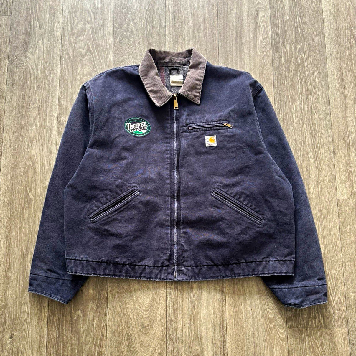 Vintage Carhartt J01 DNY Detroit Jacket Dark Navy Embroidered Logo Size 52