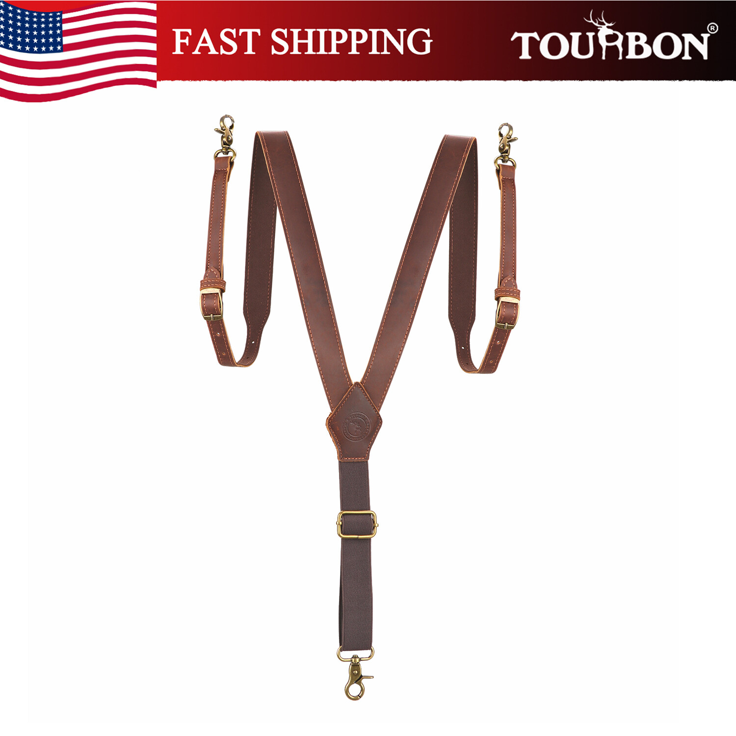 TOURBON Men\'s Y-Back Suspender Pants Braces 3 Hook Adjustable Vintage Leather US