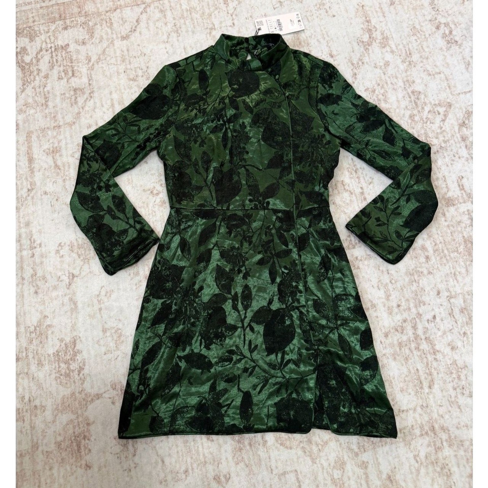 Zara Green Black Leaf Print Satin Mock Neck Long Sleeve Dress Size S NWT