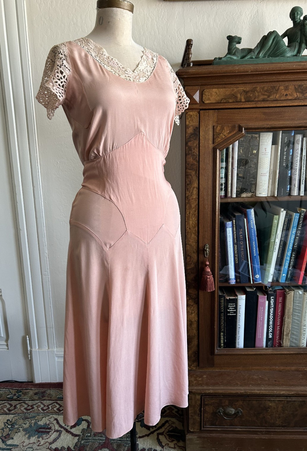 Vintage 1920s 1930s Pink Rayon Dress Lace Sleeve Bias Cut Art Deco Antique Small