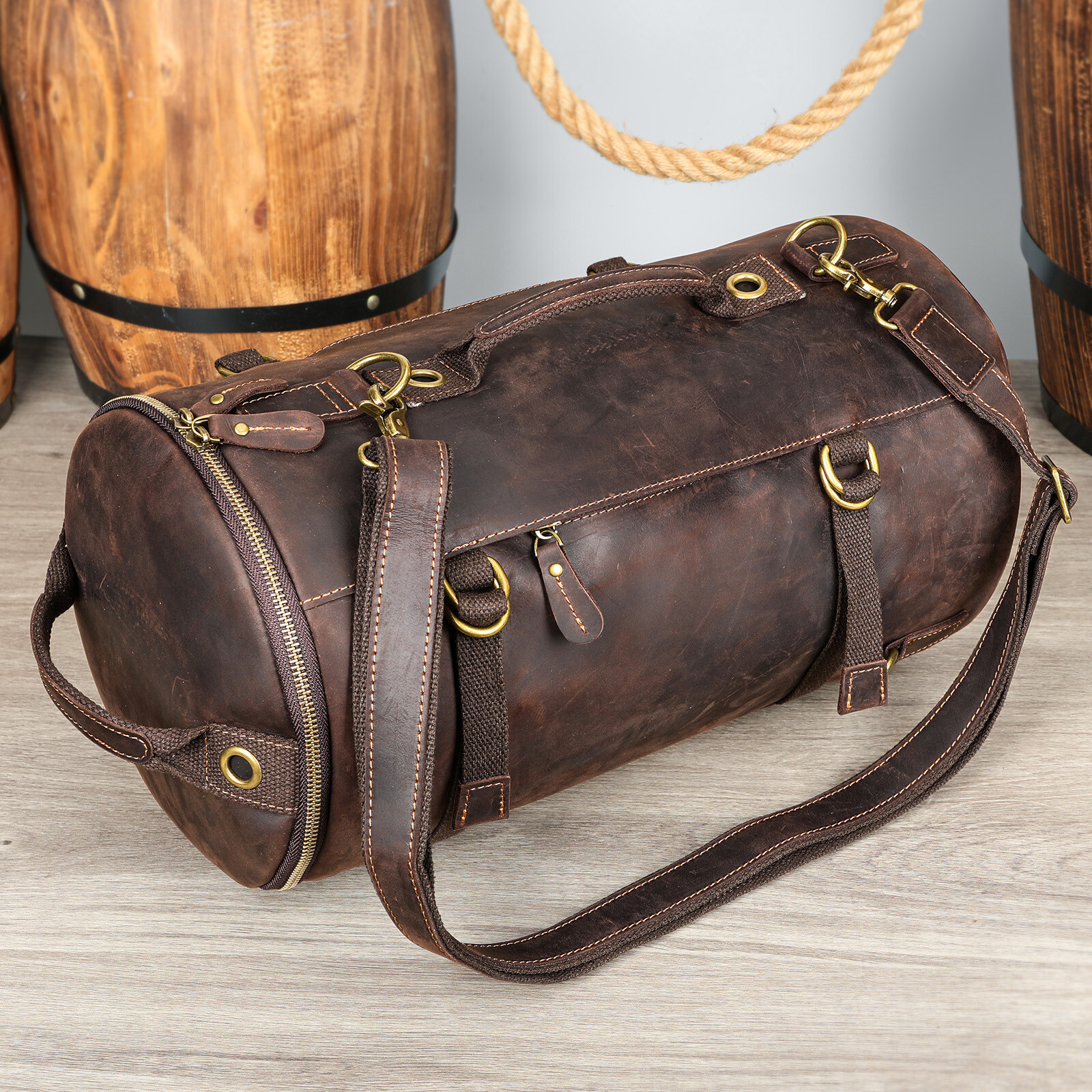 Men\'s Multifunctional Travel Bag Retro Leather Backpack Handbag Fitness Bag