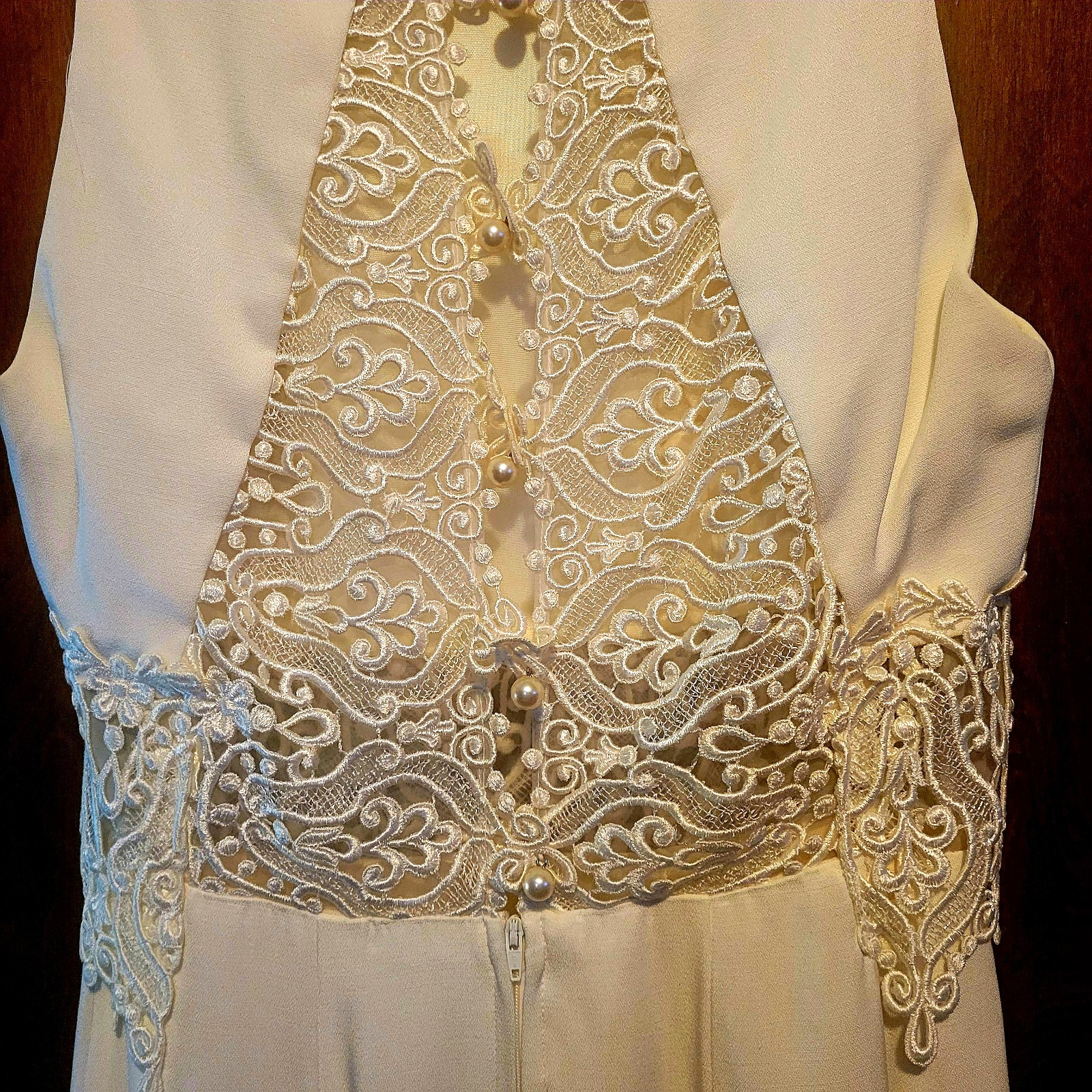 Vintage 1995 Dave Johnny Prom Dress White Sheer Lace Pearl Back
