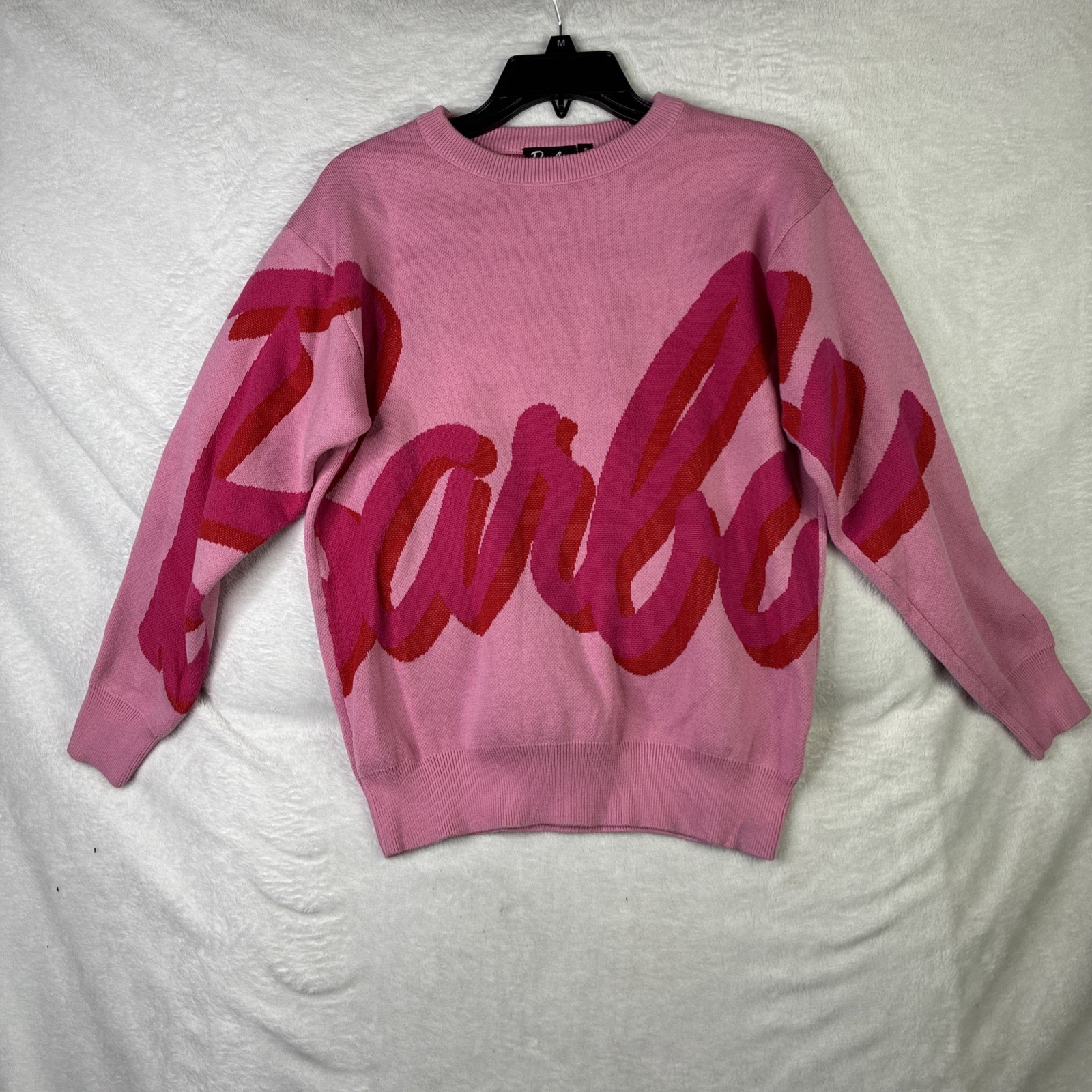 S - Pink Barbie Sweater Logo Spell Out Crew Neck Knit Sweater