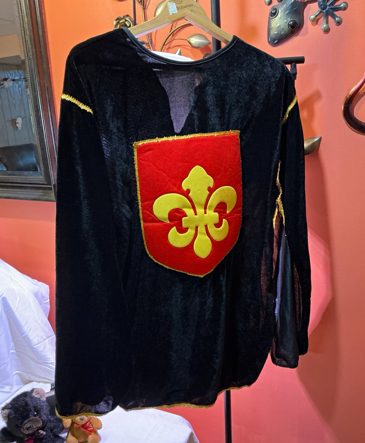 Medieval Knight Tunic Top Black with Red Gold Fleur-de-Lis Crest