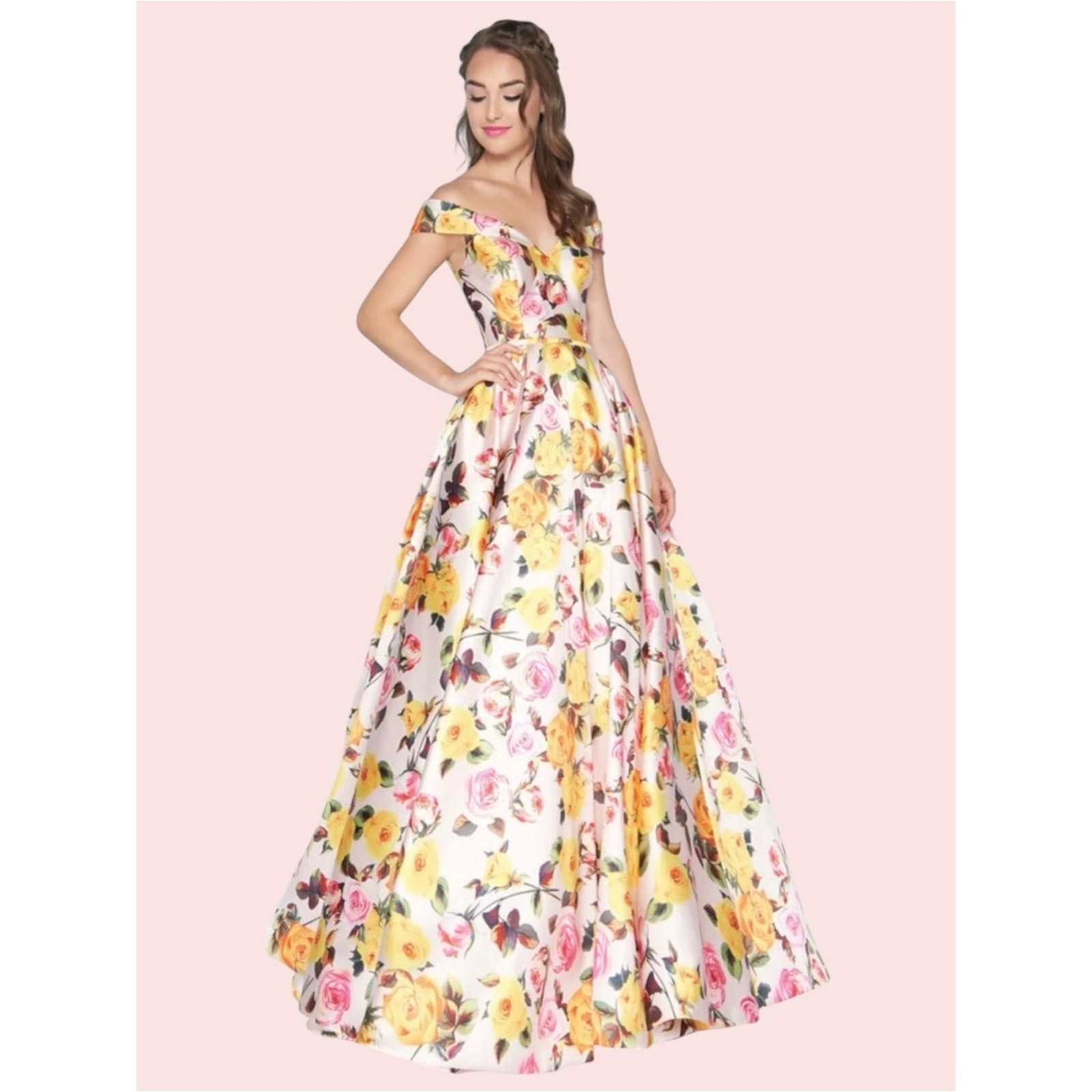 Jovani Renaissance Floral Print Ball Gown Size 4 Pink Yellow Rose Formal Prom