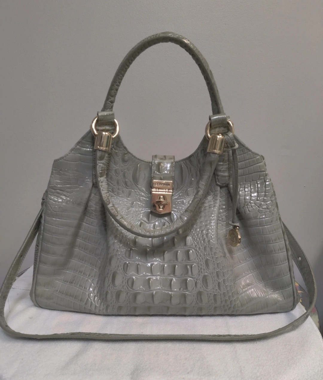 Authentic Brahmin Croc Embossed Leather Satchel Shoulder Bag Gray / Sage Green