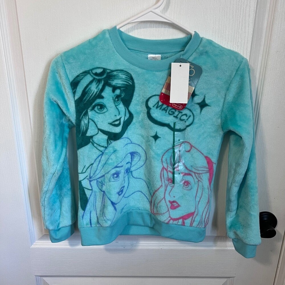 Disney 100 Princess Fleece Sweatshirt Girls Medium Jasmine Ariel Aurora Teal